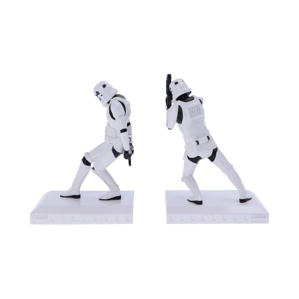 Stormtrooper boekensteunen. Twee witte Stormtrooper figuren. Vasthouden van een blaster, wijzend met een vinger. Witte basis.