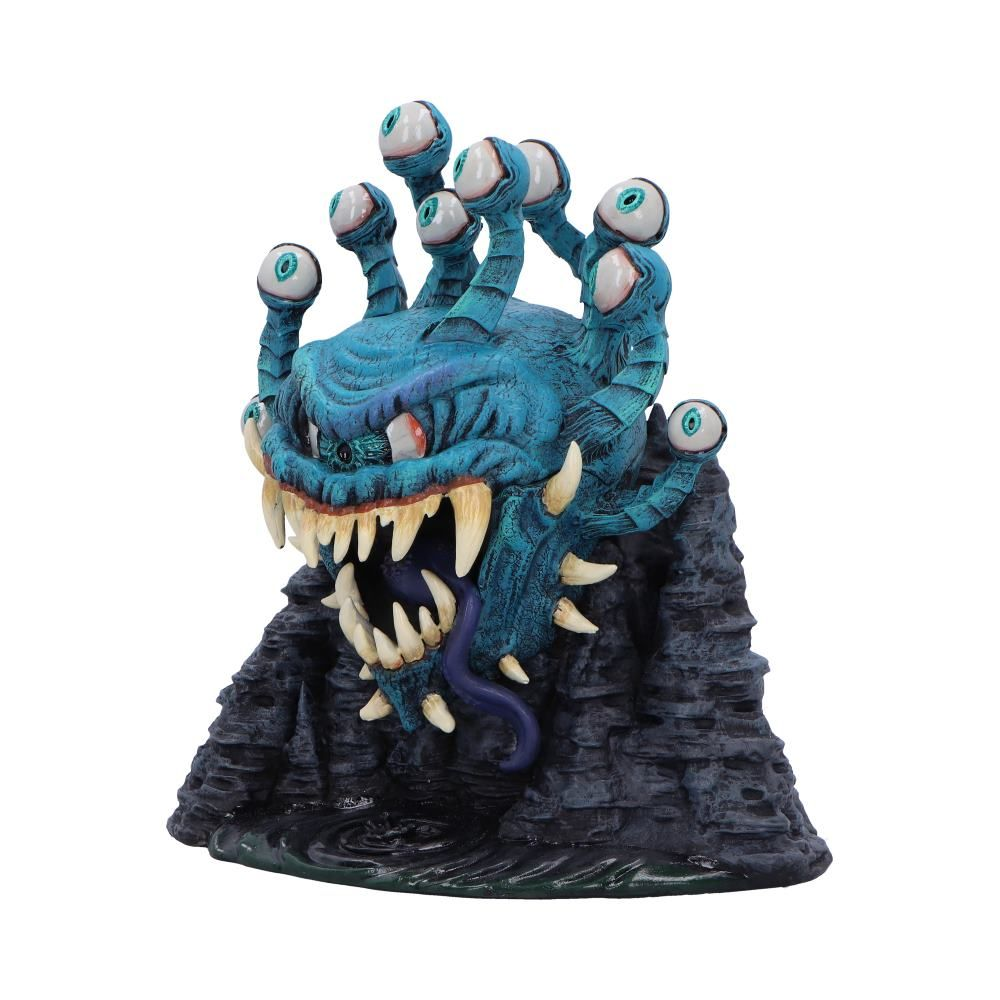 Een blauwe monsterkop met veel ogen en scherpe tanden op een donkere basis. Het monster heeft een lange tong.