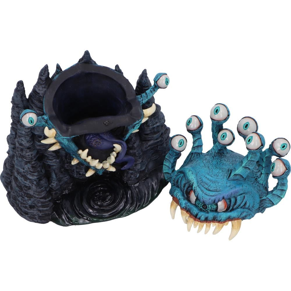 Twee blauwe monsterbeelden. Eén is een hoofd met ogen en de andere is een mond met tanden.
