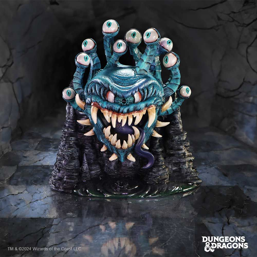 Beholder beeld uit Dungeons & Dragons, veel ogen, scherpe tanden. Donkere achtergrond.