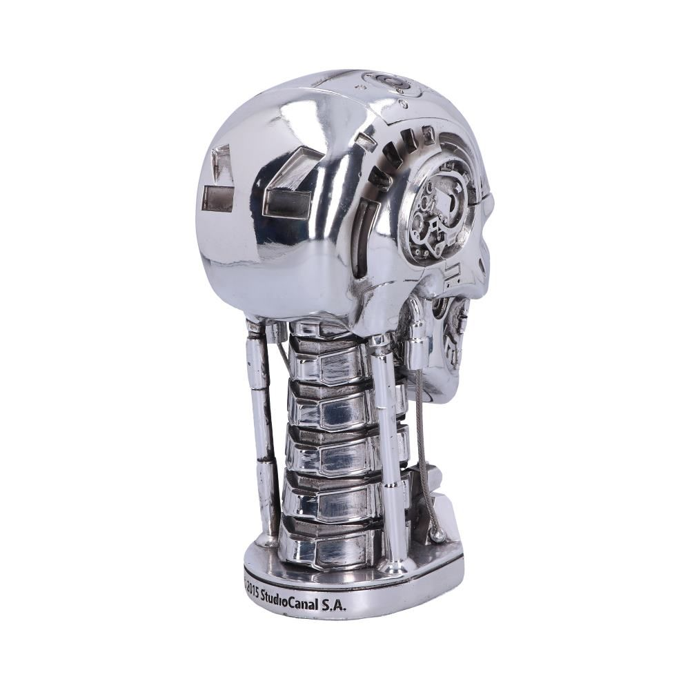 Terminator head, metallic chrome, side view, with red eye, white background.