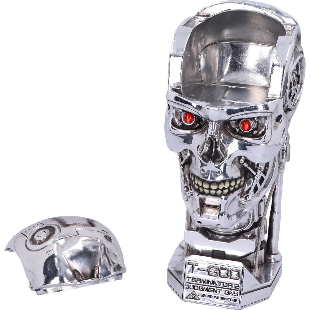 Terminator T-800 head and a detached head piece. The T-800 head is chrome, with red eyes and open mouth.