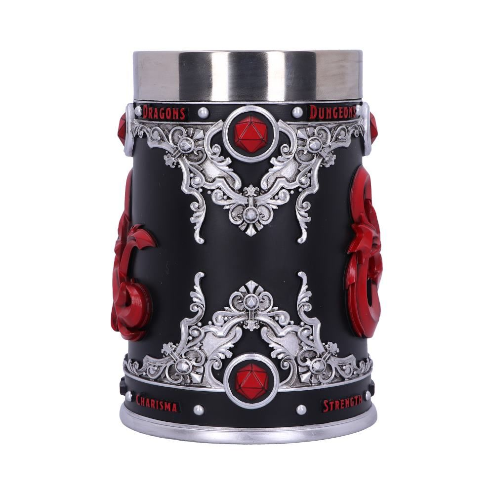 Black mug with red accents, silver trim, and text. Features D&D logos.