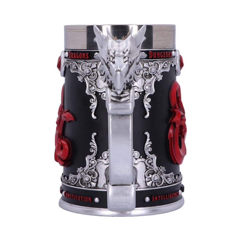 Dungeons & Dragons mug, black background, red D&D symbols, dragon handle.