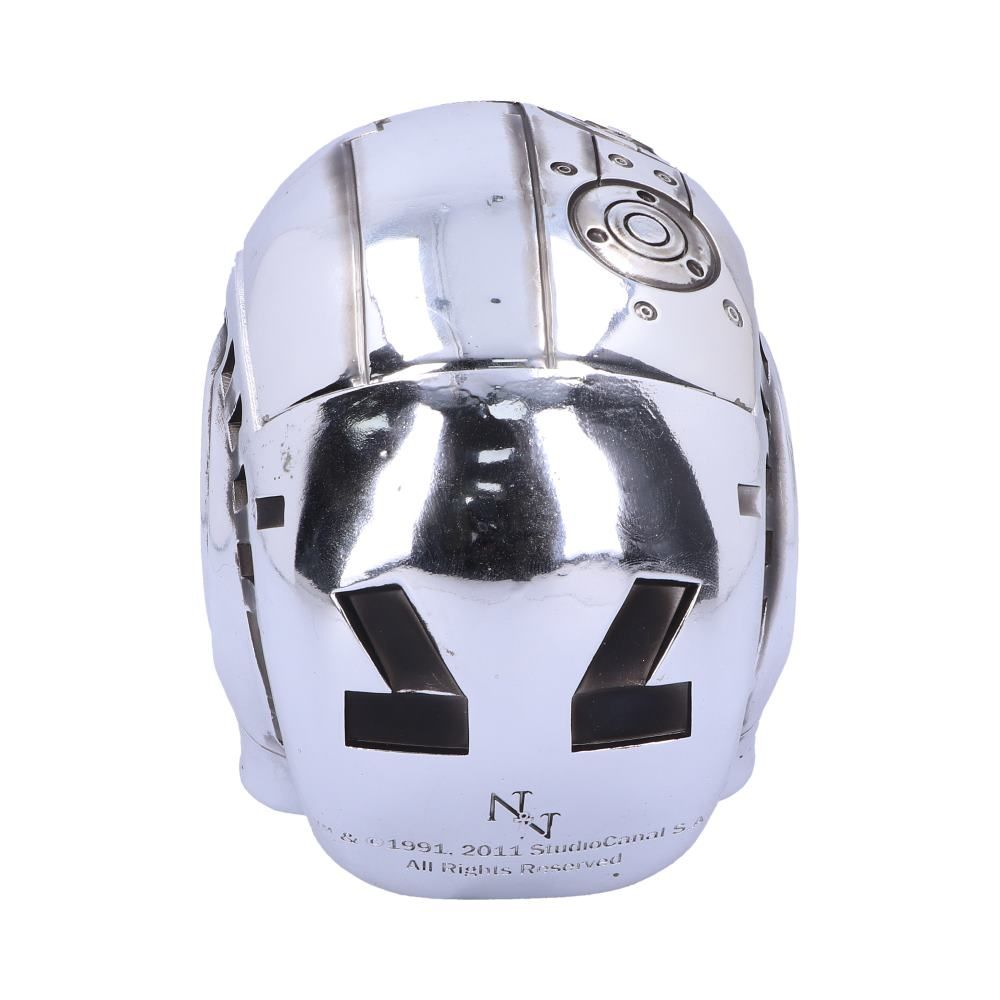 A silver robot helmet, with dark eye openings and details on top.