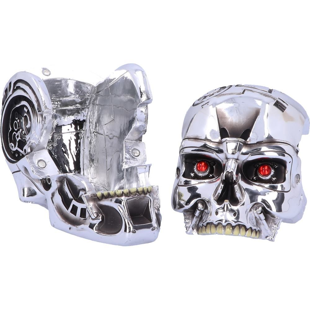 Terminator skull, chrome, with red eyes. Open, showing interior. Metallic, futuristic design, a movie prop.