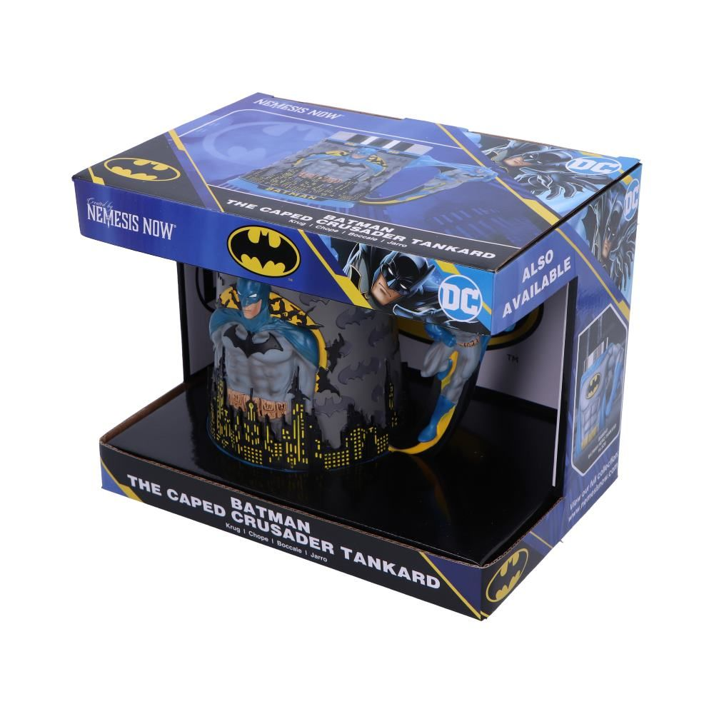 Batman tankard in a box, featuring Batman on the mug and box with city skyline, on white.