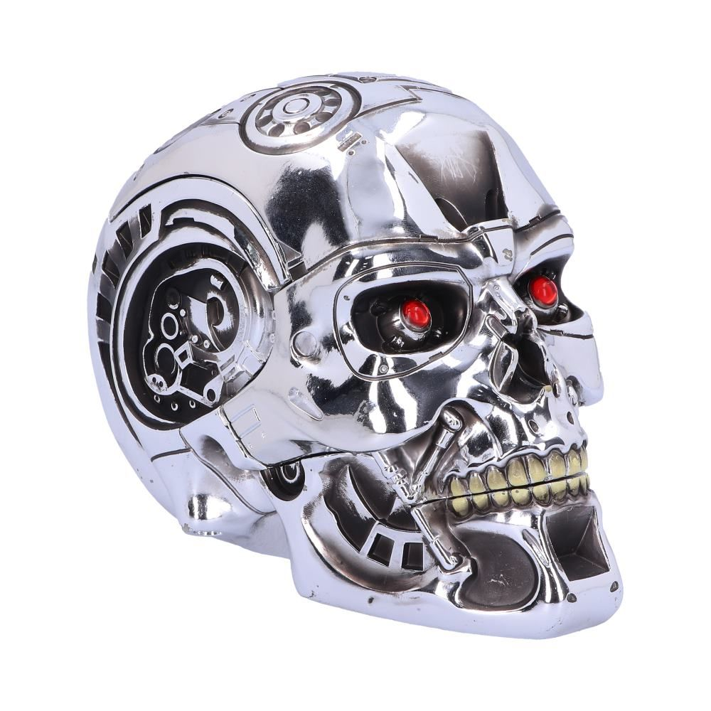 Silver Terminator skull with red eyes and exposed teeth. Mechanical details are visible.