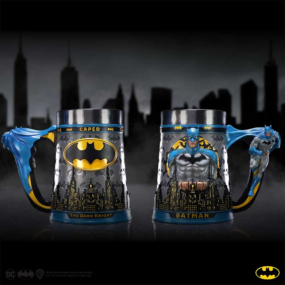 Two Batman-themed beer mugs, one with a logo and the other with a figure.
