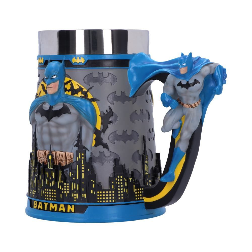 Batman mug. It has two Batman figures. The handle is Batman. The background is a city.