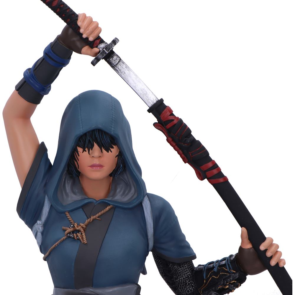 Eine Figur einer Person mit Kapuze, die ein Schwert hält. Die Person ist blau und hat ein Schwert.