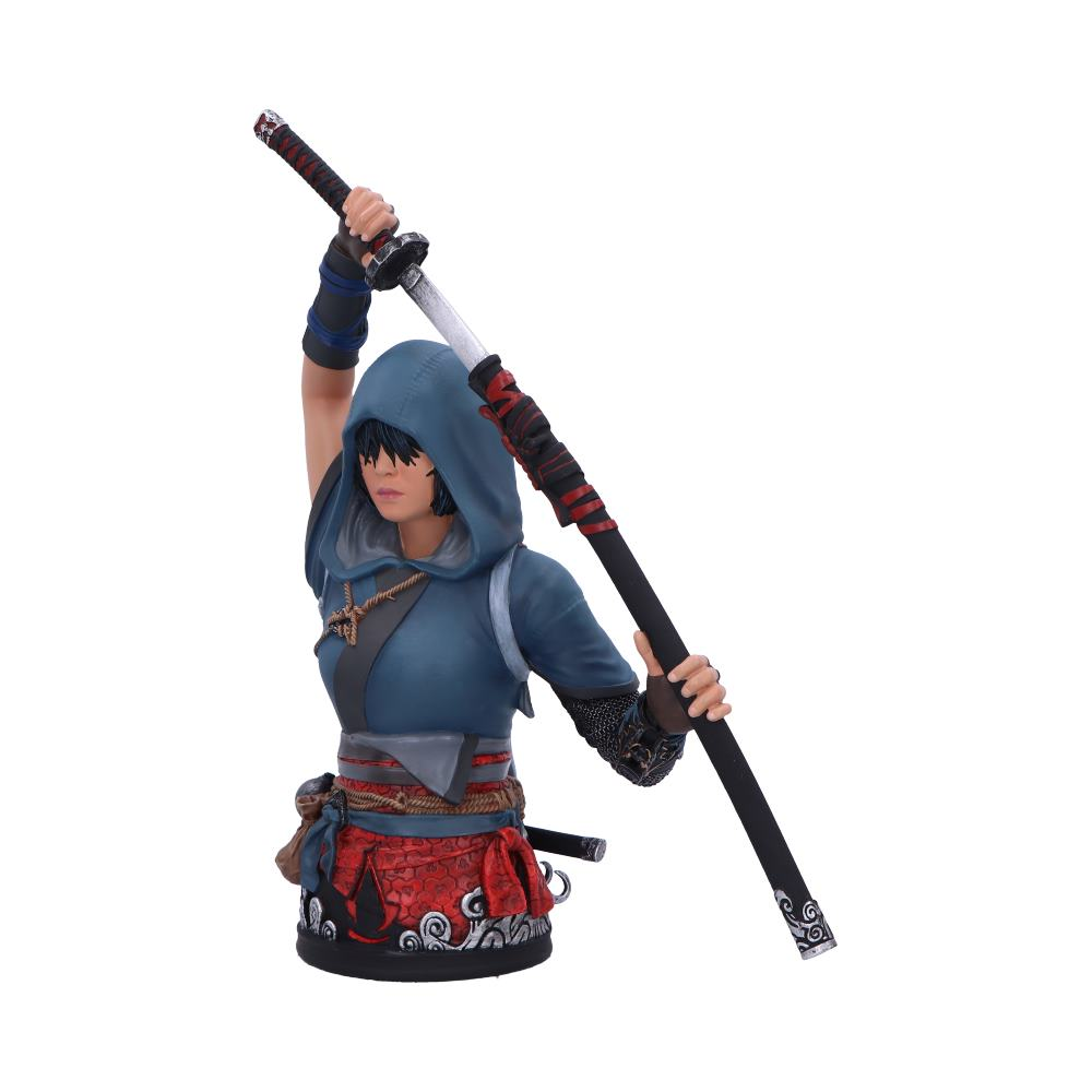 Eine Büste einer weiblichen Figur in blauem Kapuzenoutfit, die ein Schwert hält, inspiriert von einem Videospiel.