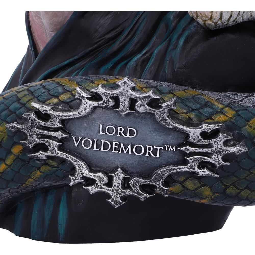 Een detail op de basis van een buste toont een bord met 'LORD VOLDEMORT' in een decoratief kader.