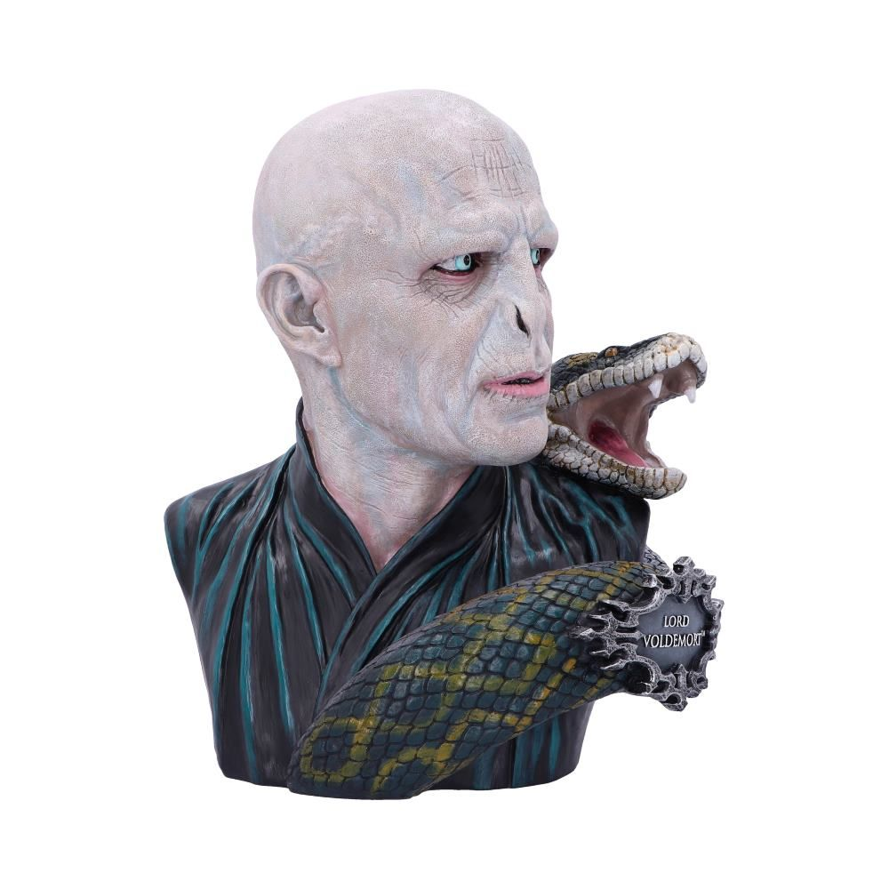 Lord Voldemort buste met slang. Witte huid, slang op schouder, op witte achtergrond.