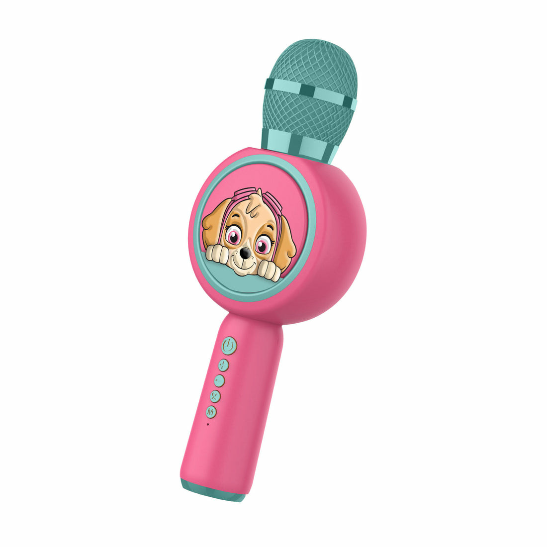 A pink Paw Patrol microphone toy with Skye on its face.