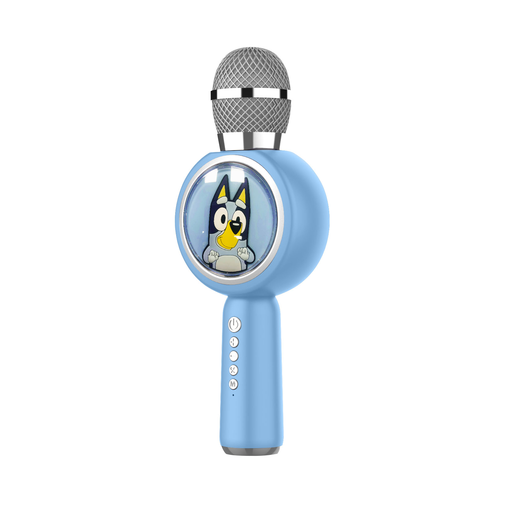 Blue microphone toy with Bluey character in the center, on a white background.