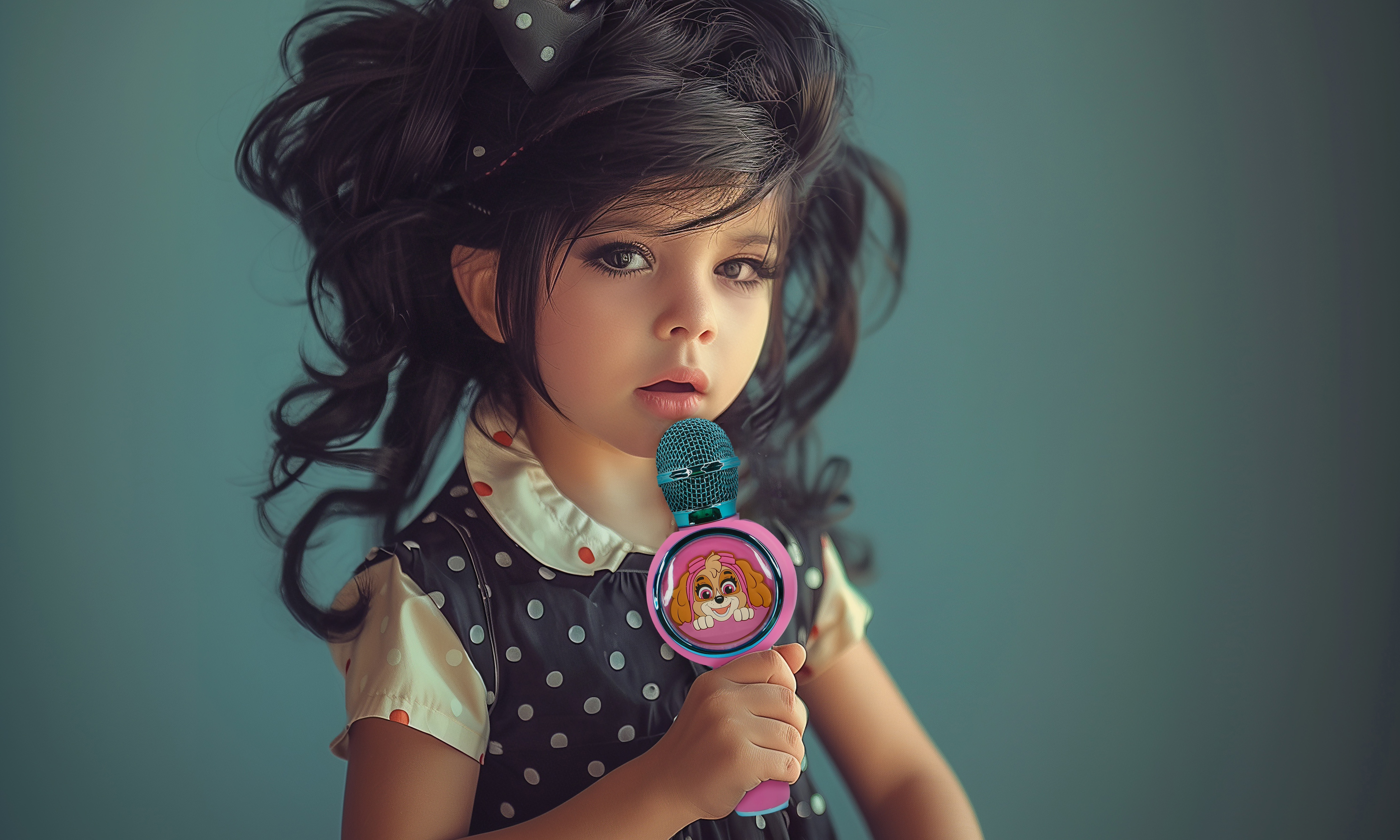 A young girl with dark hair holding a microphone. She wears a polka dot dress.