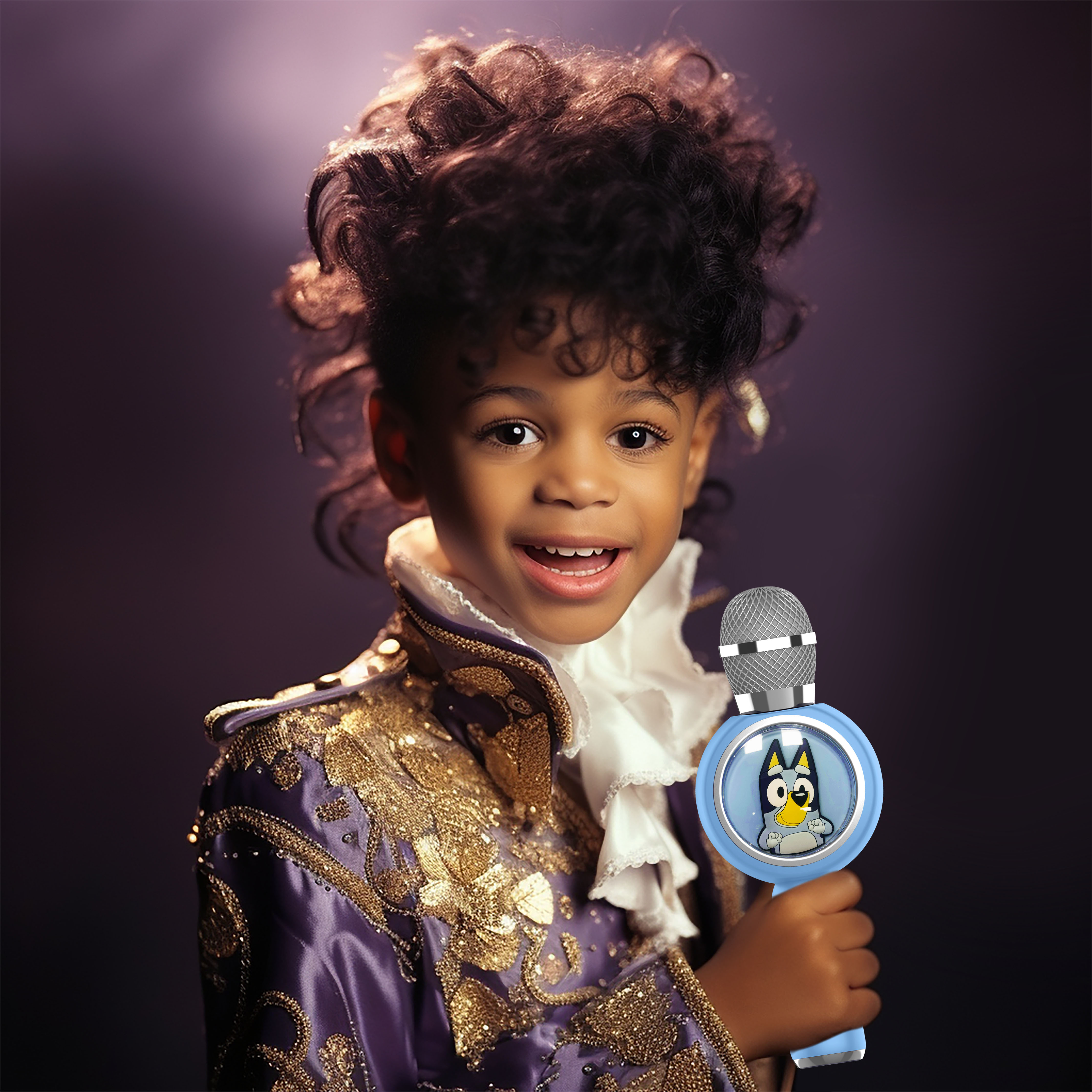 Young boy dressed as Prince, holding a microphone. Purple suit, curly hair, and smiling.