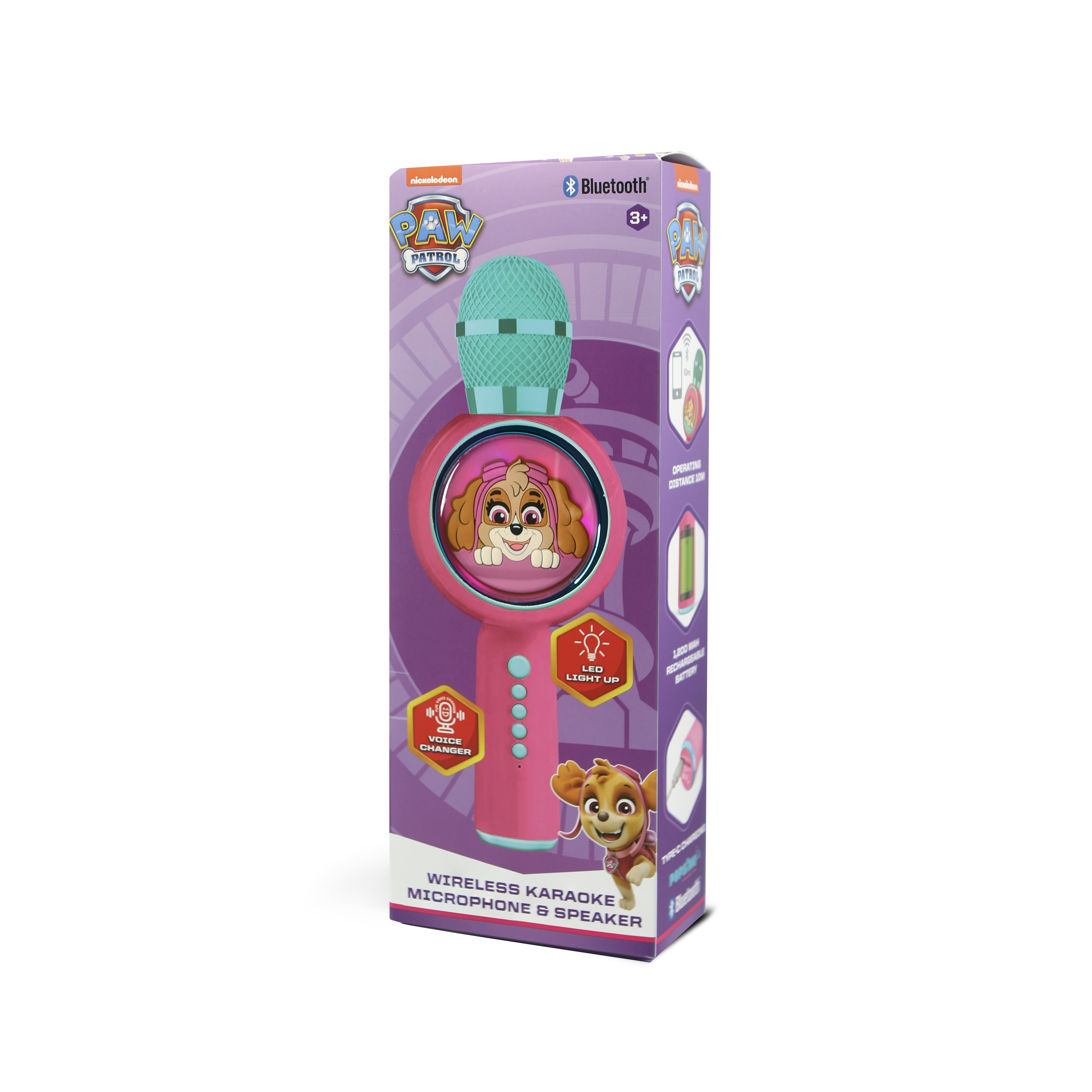 Pink Paw Patrol microphone toy in a box. Skye on the front. White background.