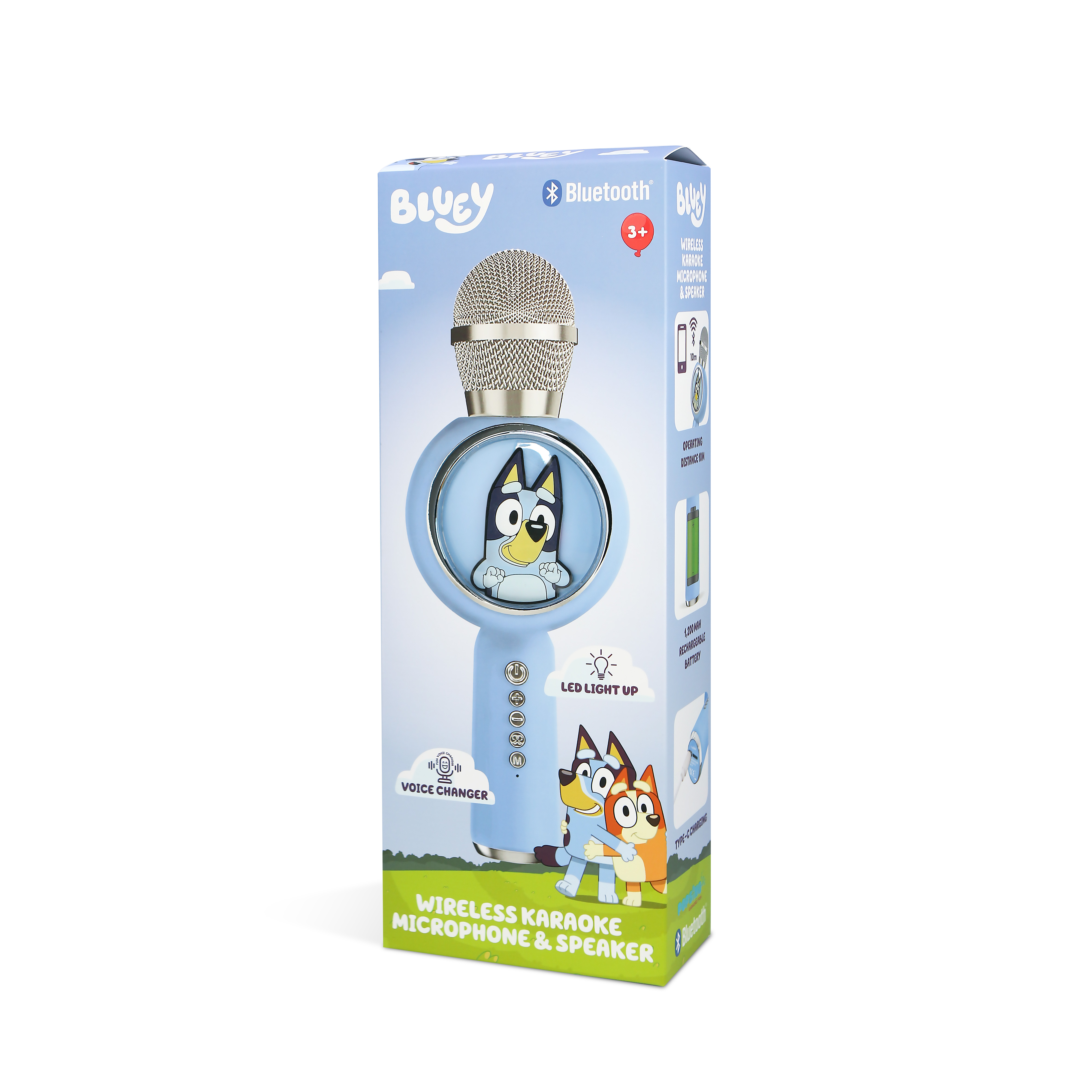 Bluey karaoke microphone in a box, with Bluey and Bingo on the front, on a white background.
