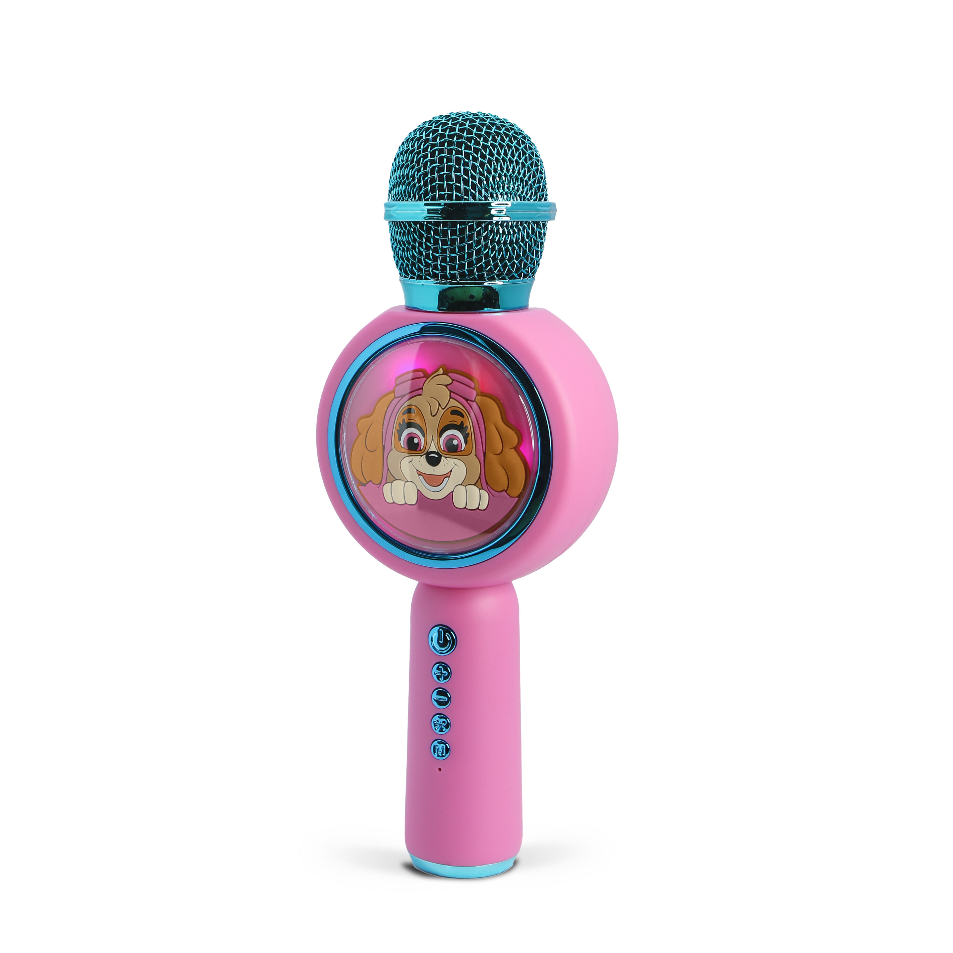 A pink microphone with a Paw Patrol character on the front, a blue mesh top, and control buttons.