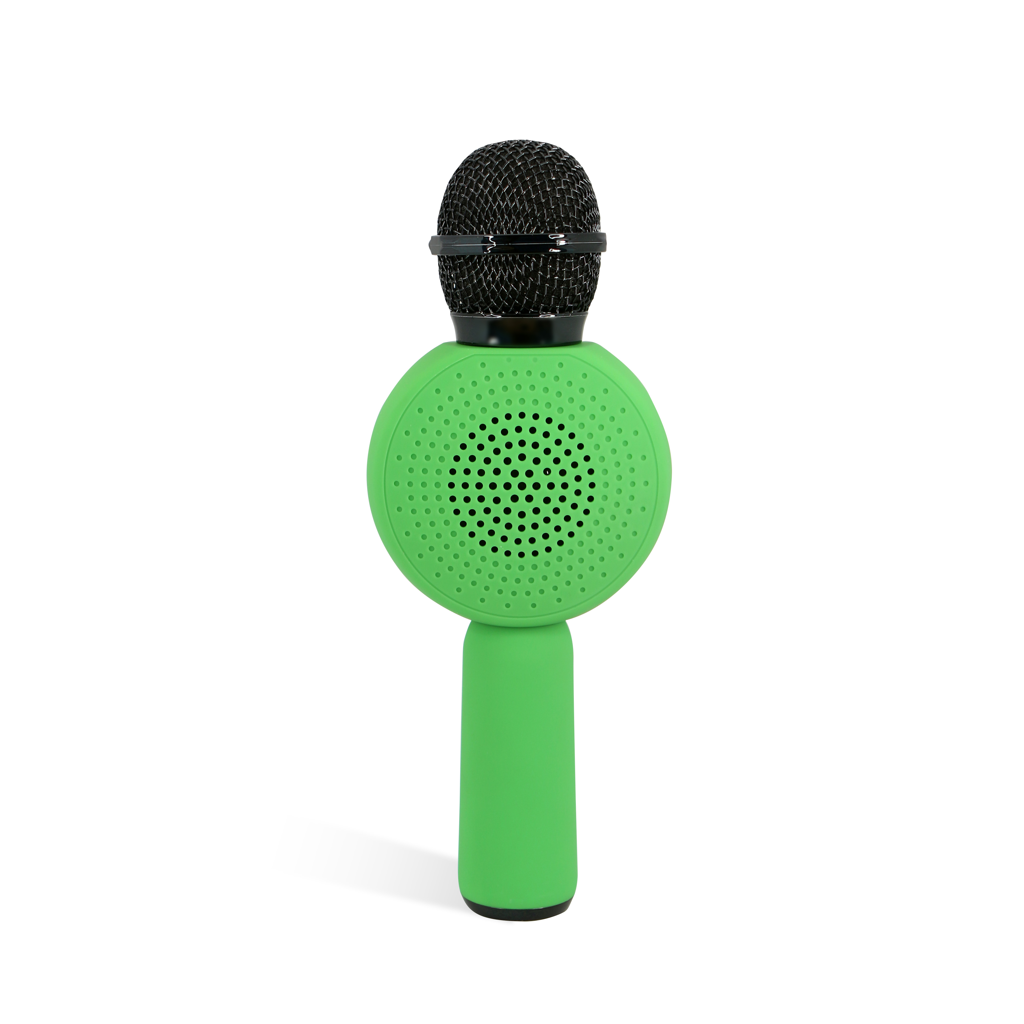 A green microphone-shaped speaker with a black mesh top. It is on a white background.