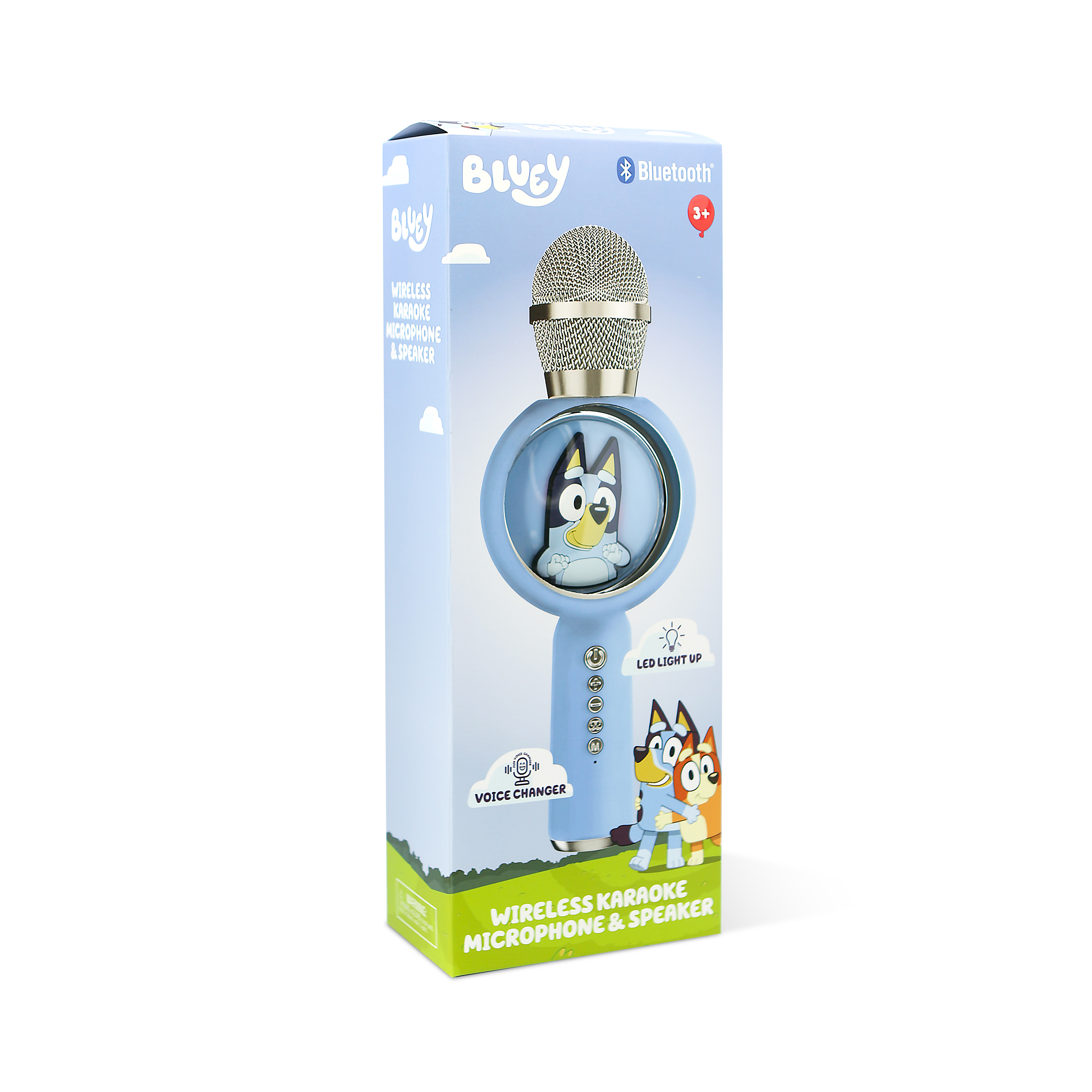 Bluey karaoke microphone in box, blue and white. Microphone is silver.