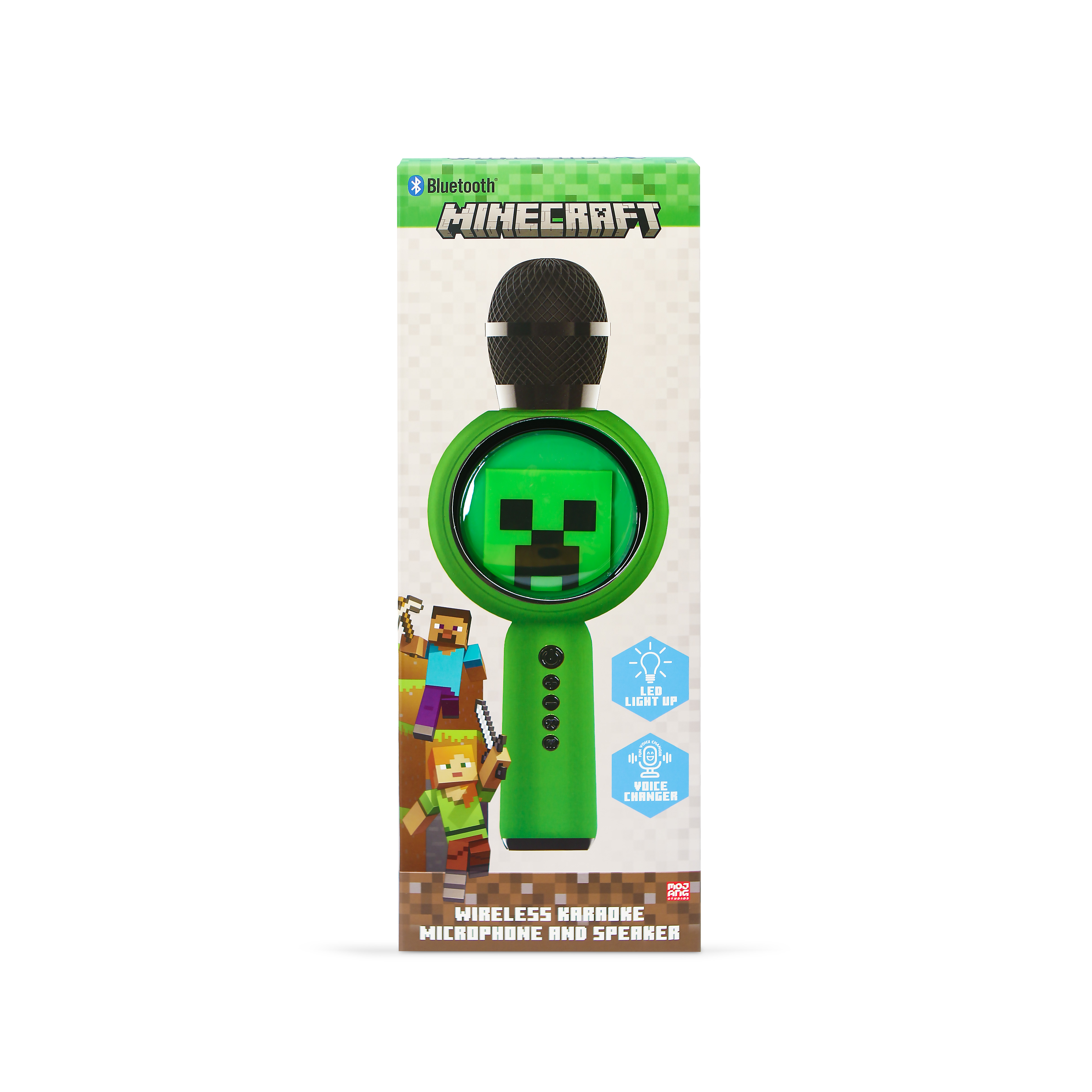 Minecraft karaoke microphone in a box, with a Creeper on the front, on a white background.