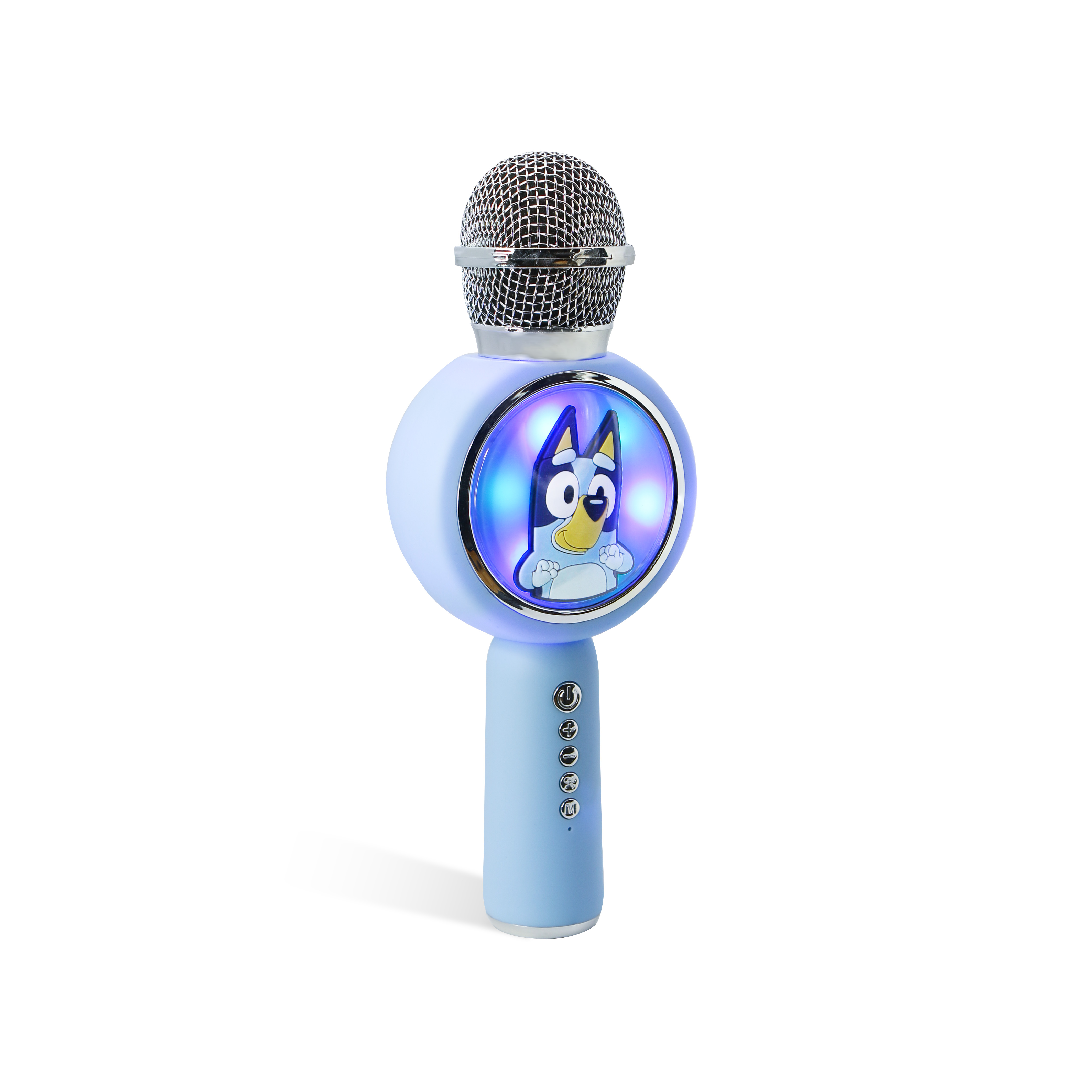 A blue microphone toy with a Bluey cartoon character on the front. The background is white.