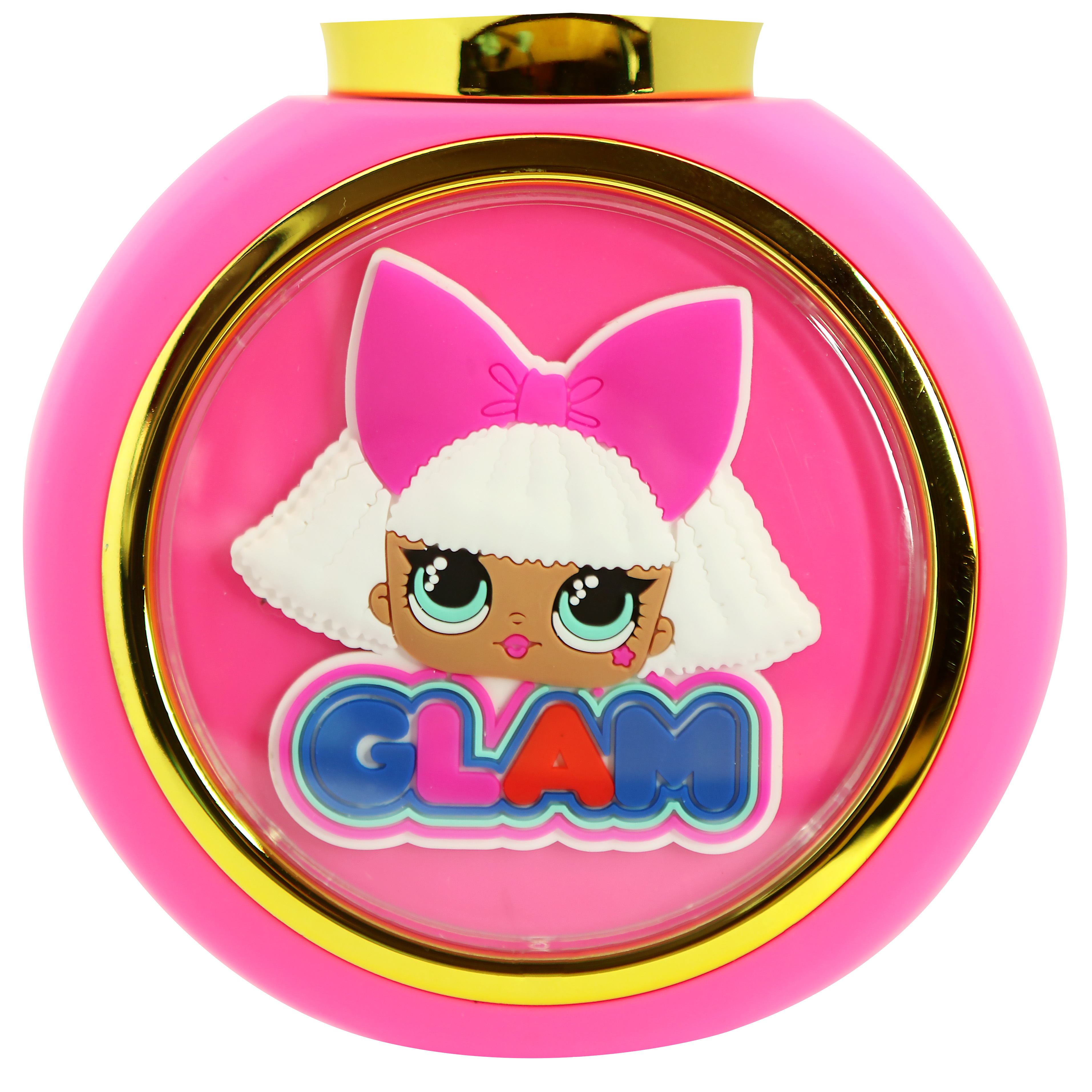 Pink, round compact with doll face and bow. Gold trim and the word 'GLAM'.
