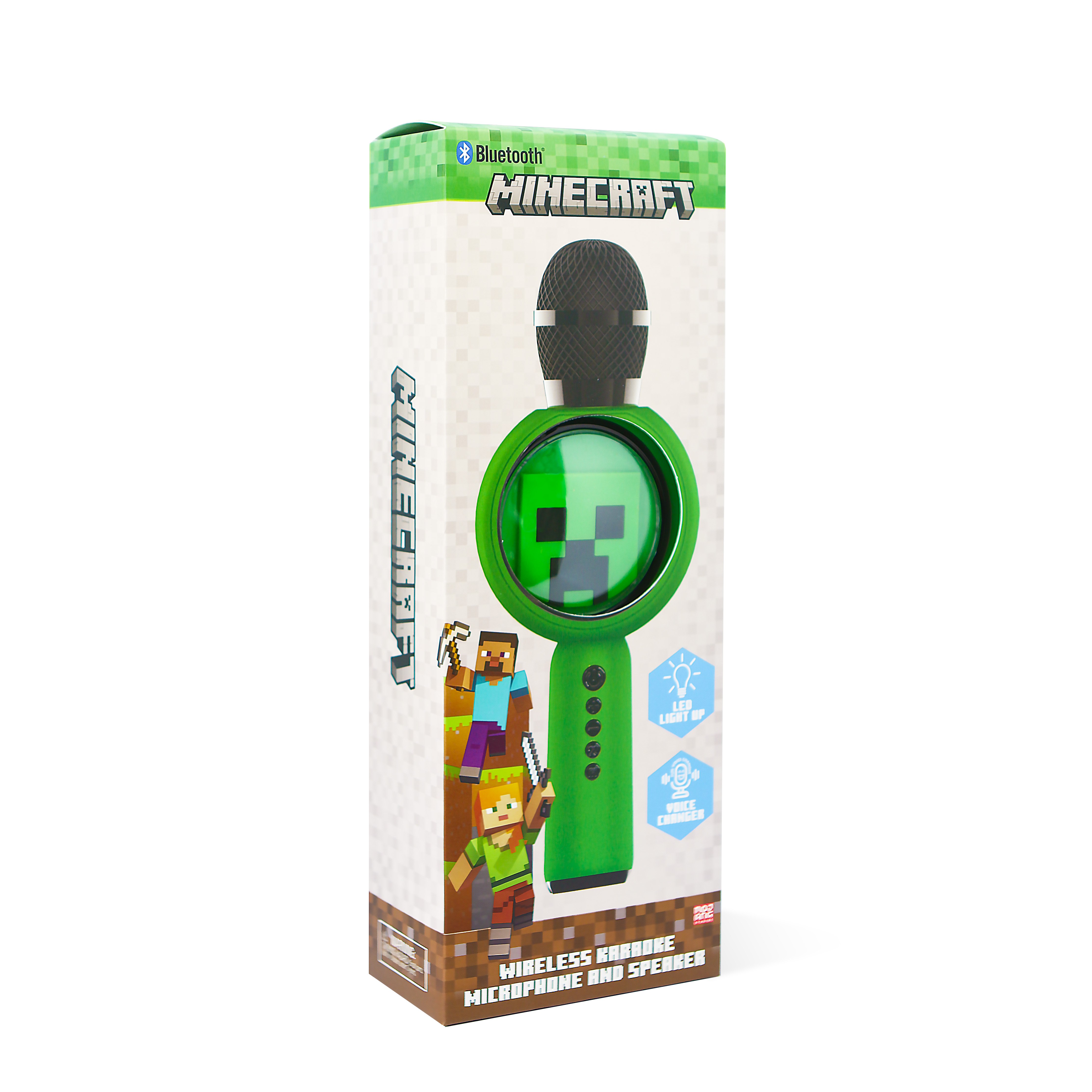 Green Minecraft microphone in a box. Box has characters. Microphone has a Creeper face.