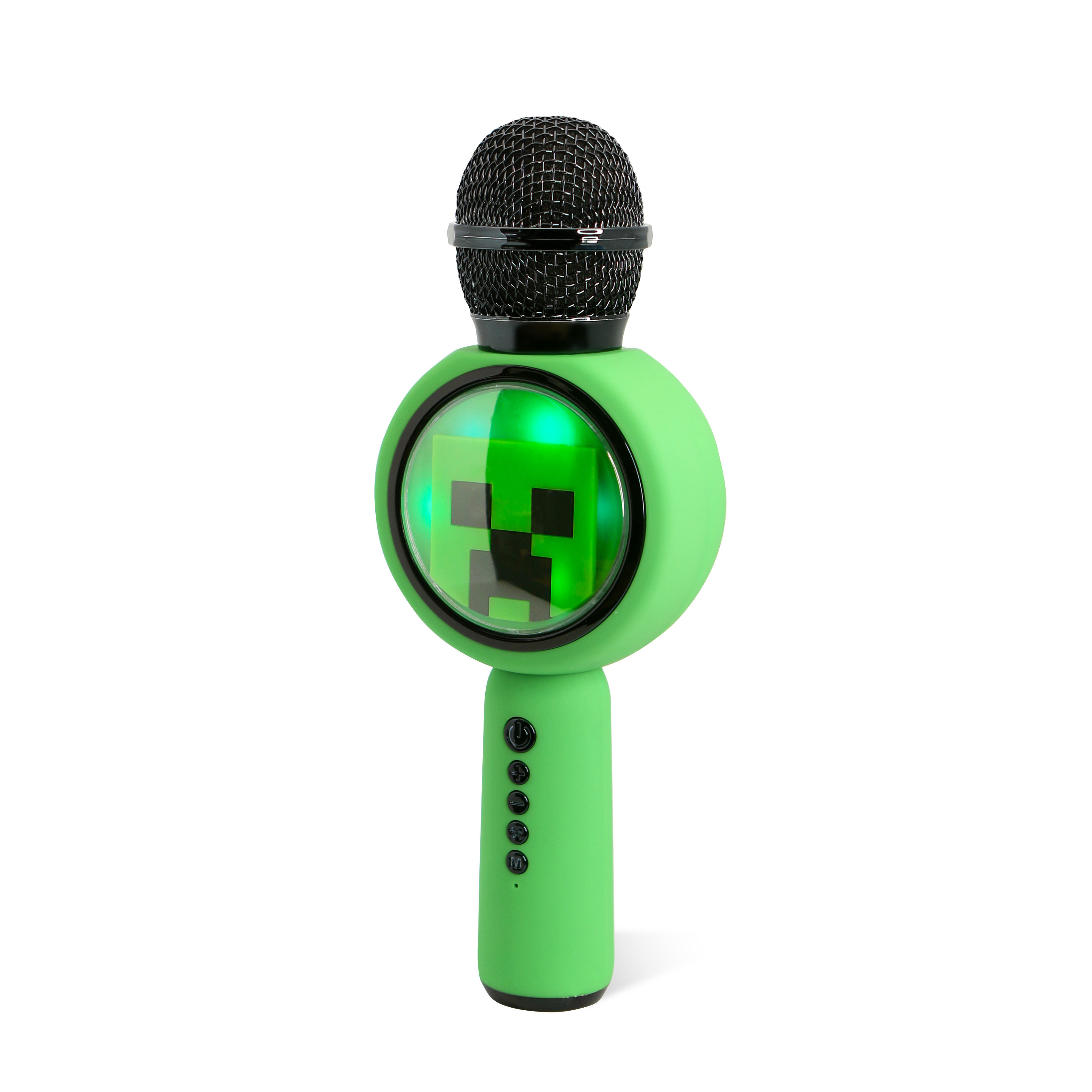 Green Minecraft Creeper microphone. Black mesh top, Creeper face display. Green handle.