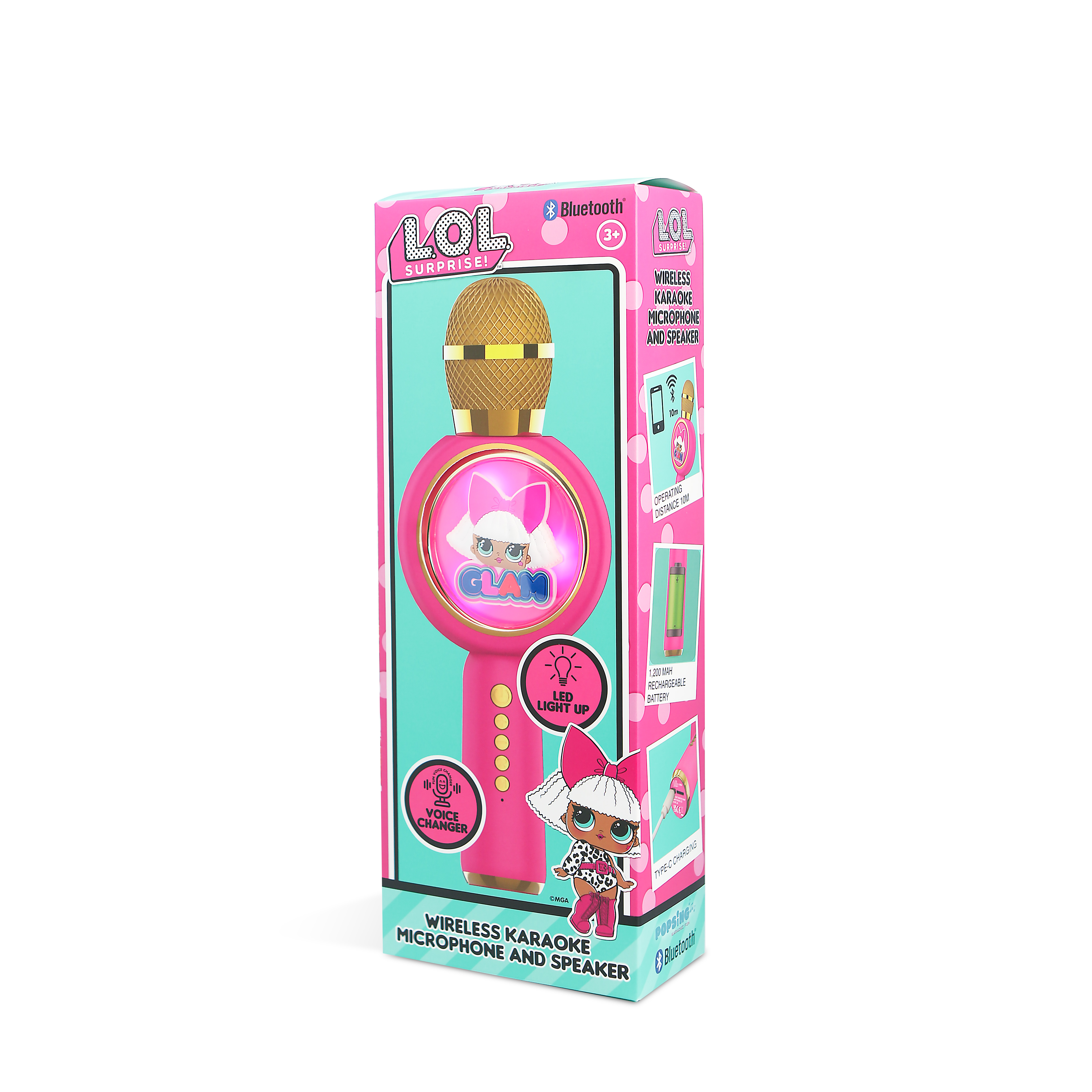 LOL Surprise karaoke microphone. It is pink with an LOL Surprise character on the front.