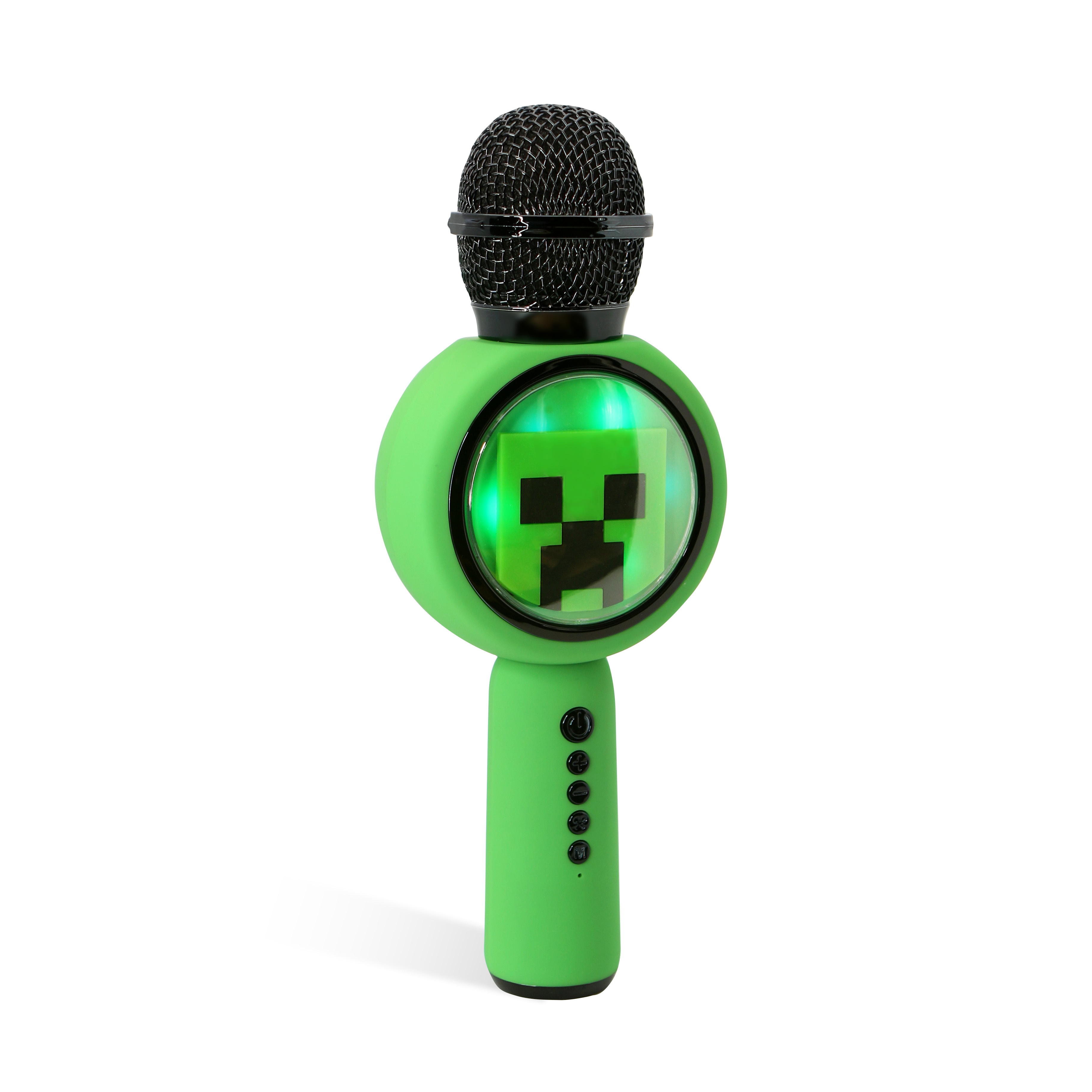 Green Minecraft microphone with a creeper face in the center. Black mesh top and buttons.