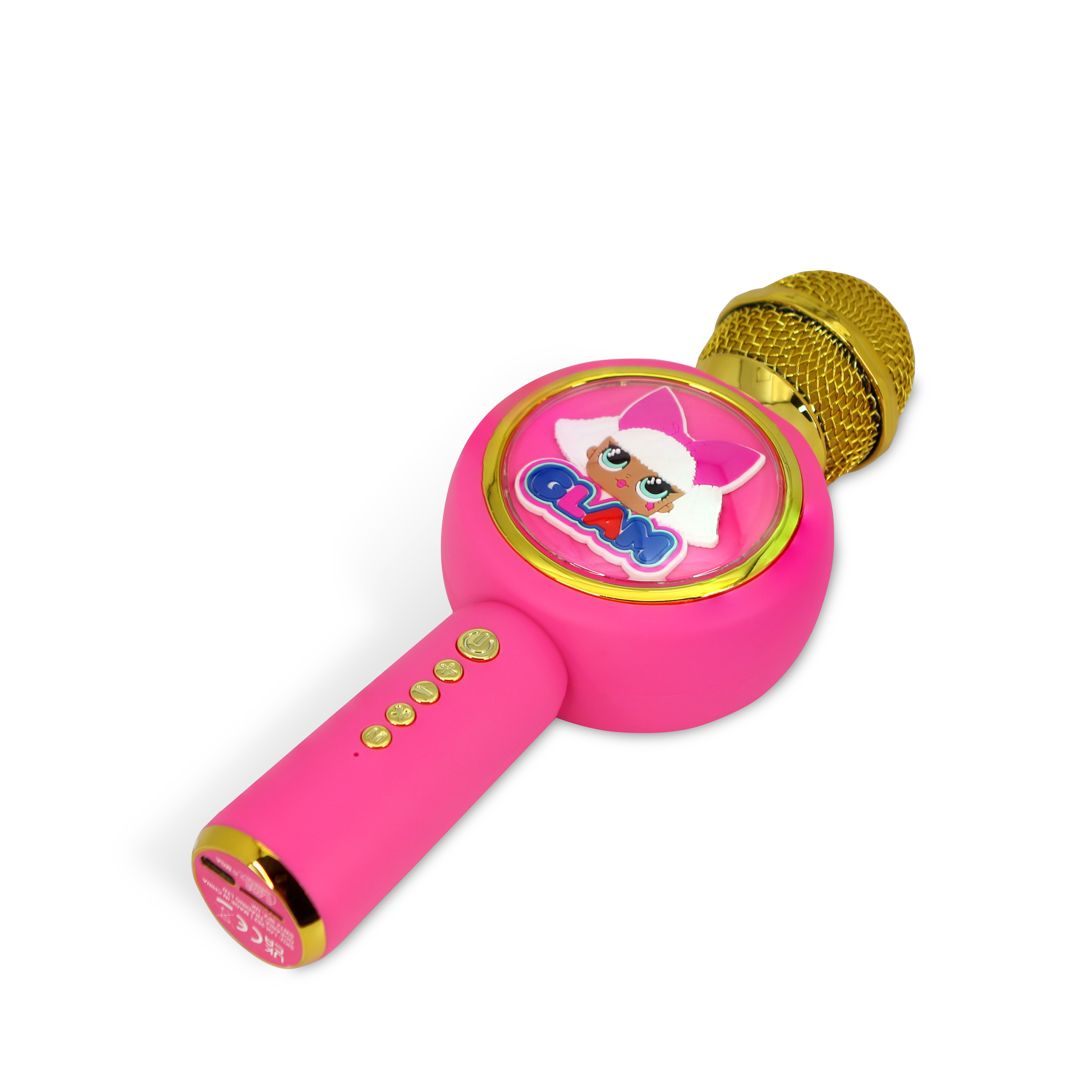 Pink karaoke microphone with gold mesh head, star logo, and pink buttons.