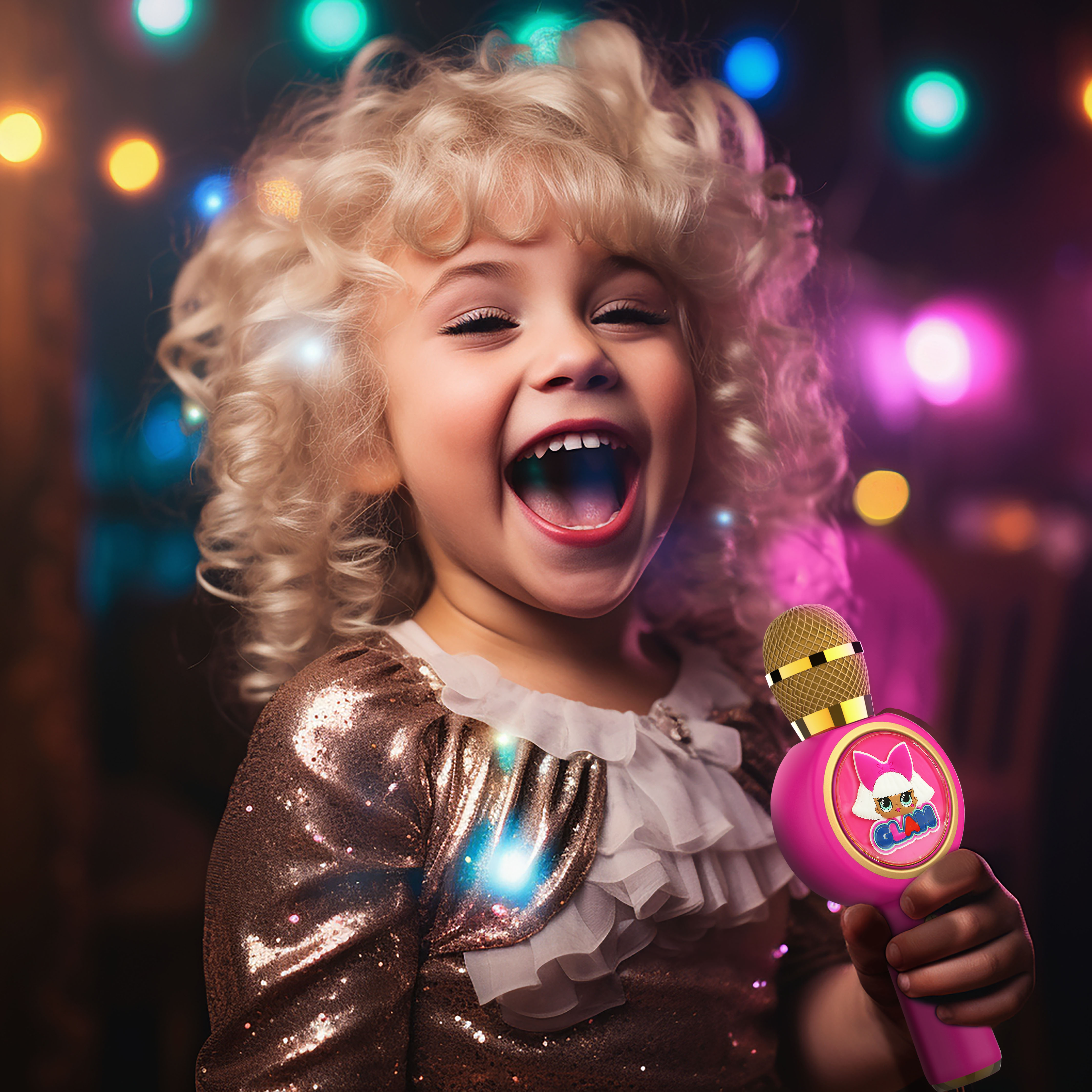 Young girl with curly blonde hair holding a pink microphone, smiling and singing.