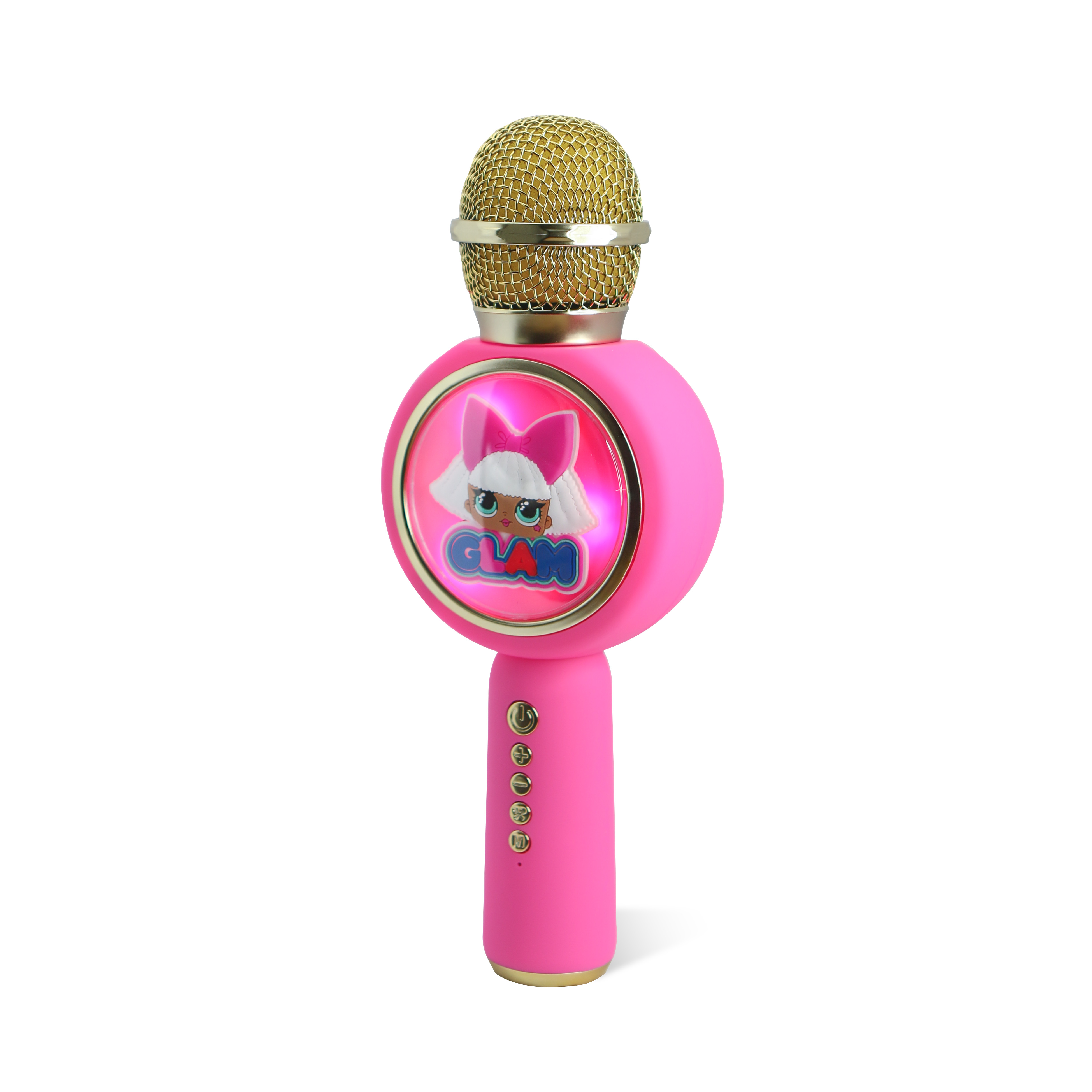 A pink microphone with a 'GLAM' character, gold mesh top, and control buttons. It is bright and colorful.