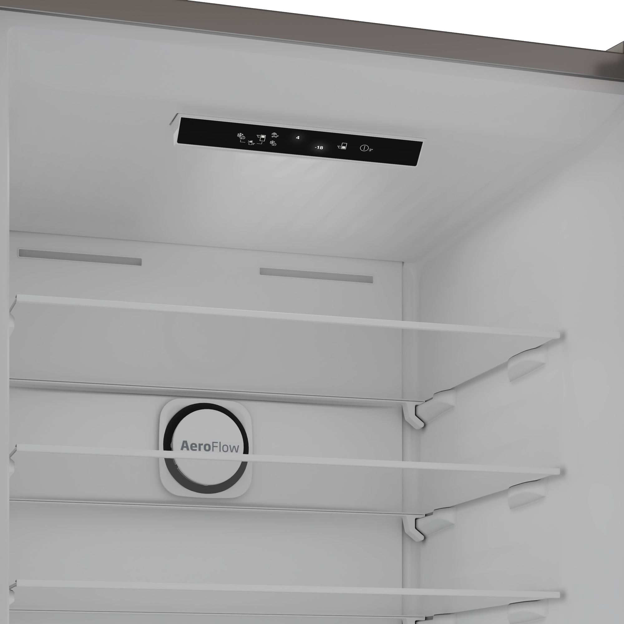 L'interno di un frigorifero con ripiani in vetro, un pannello di controllo e il sistema AeroFlow. Sfondo bianco.