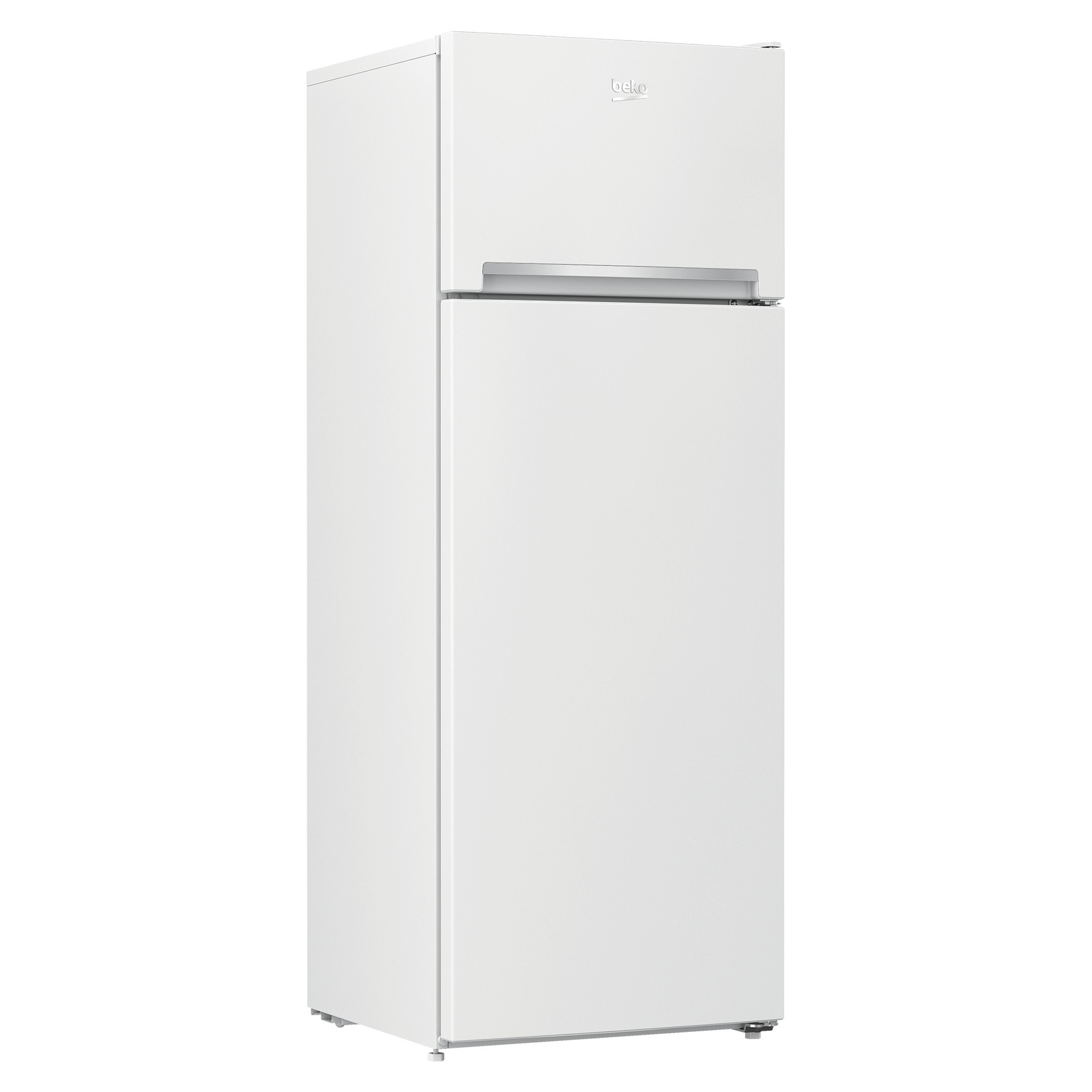 Een witte Beko-koelkast met een vriezer aan de onderkant en een deur aan de bovenkant.