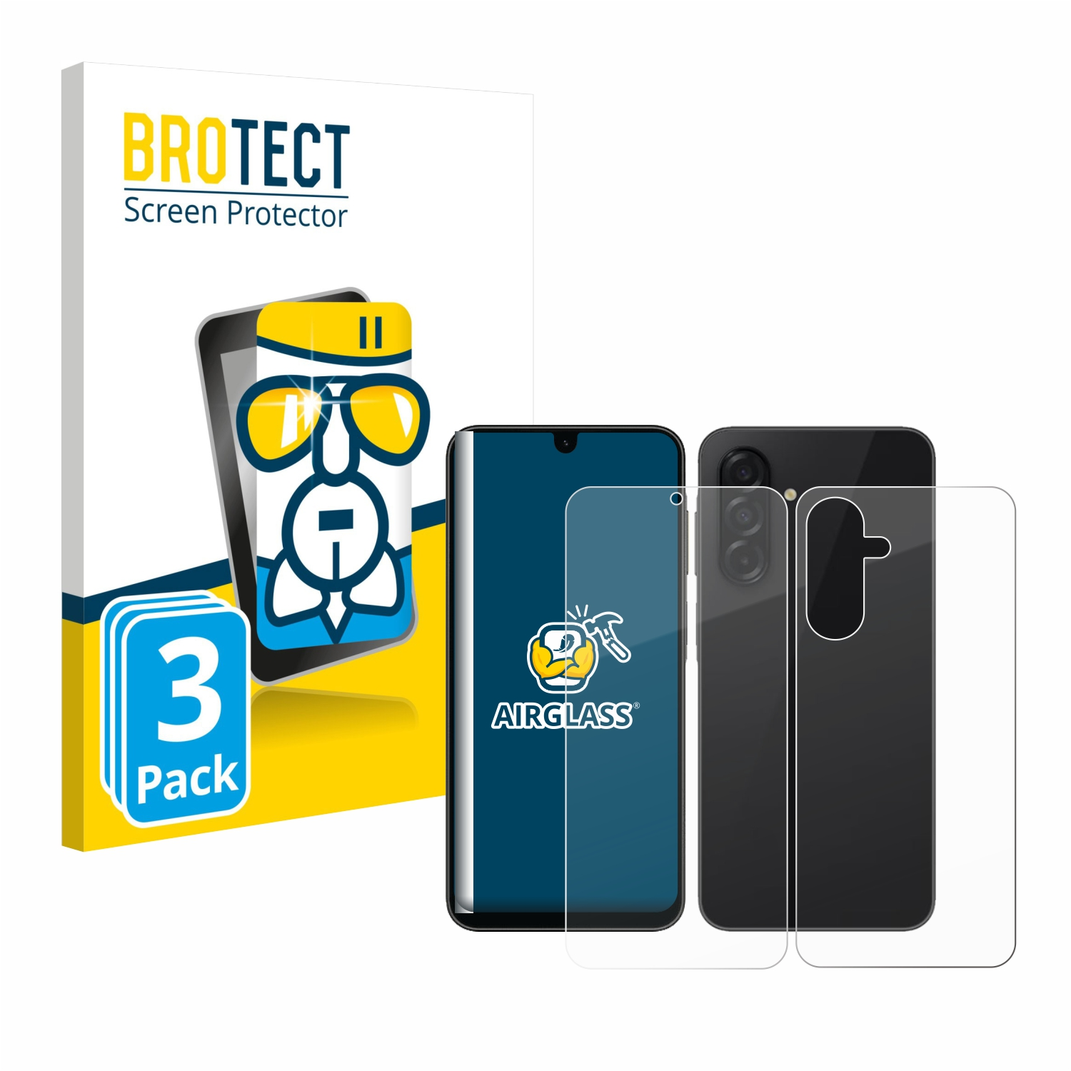 Ein Telefon und eine Displayschutzfolien-Verpackung, mit zwei klaren Schutzfolien daneben.