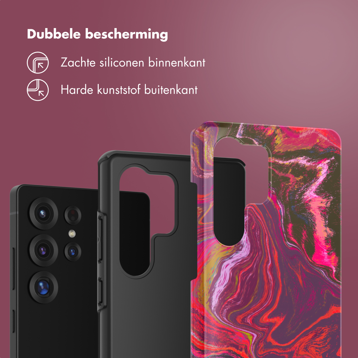 Telefoonhoesjes. Zwarte telefoon, zwarte hoes en een patroonhoes op een paarse achtergrond.