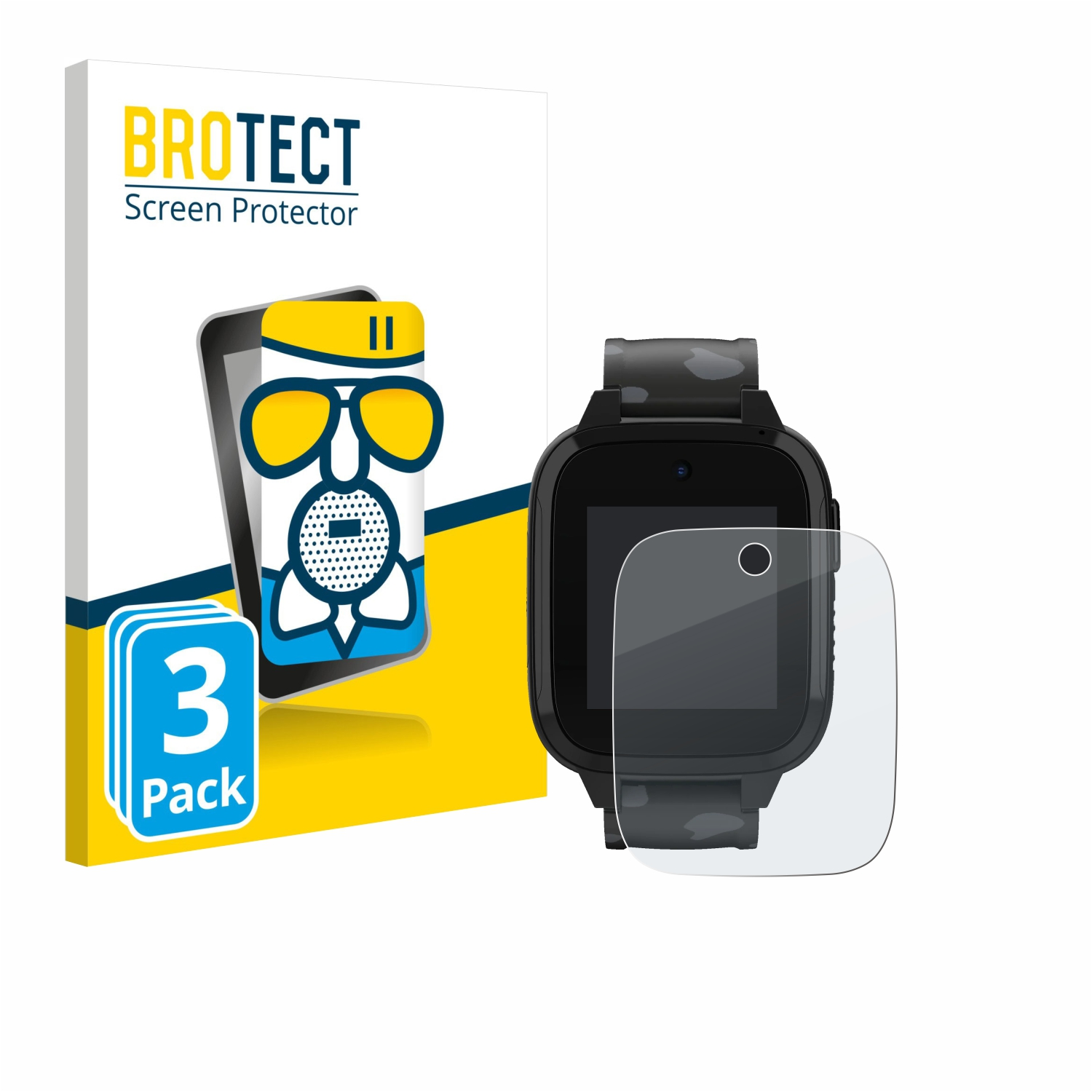 Displayschutzfolie, Uhr und Verpackung. Die Uhr ist schwarz. Der Displayschutz ist transparent.