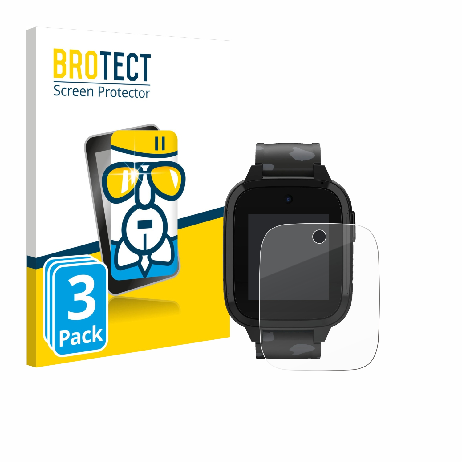 Smartwatch mit Displayschutz und Box. Box sagt, Displayschutz. Klarer Displayschutz.