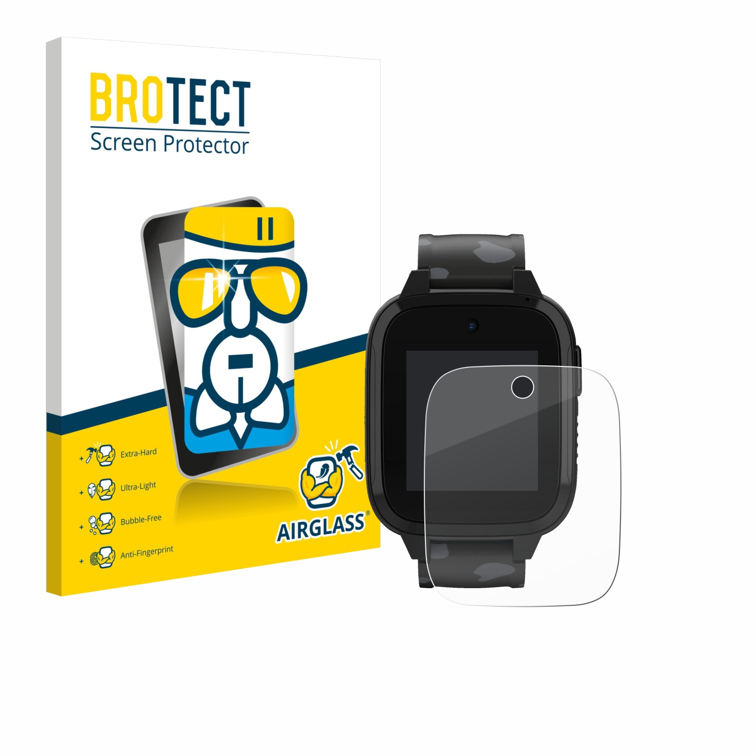 Ein Displayschutz für eine Smartwatch, eine Box mit einer Telefonillustration und eine Smartwatch.