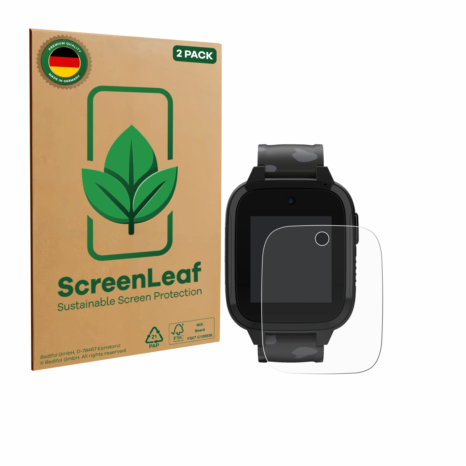 Smartwatch mit Displayschutz und Box. Box sagt, Displayschutz. Klarer Displayschutz.
