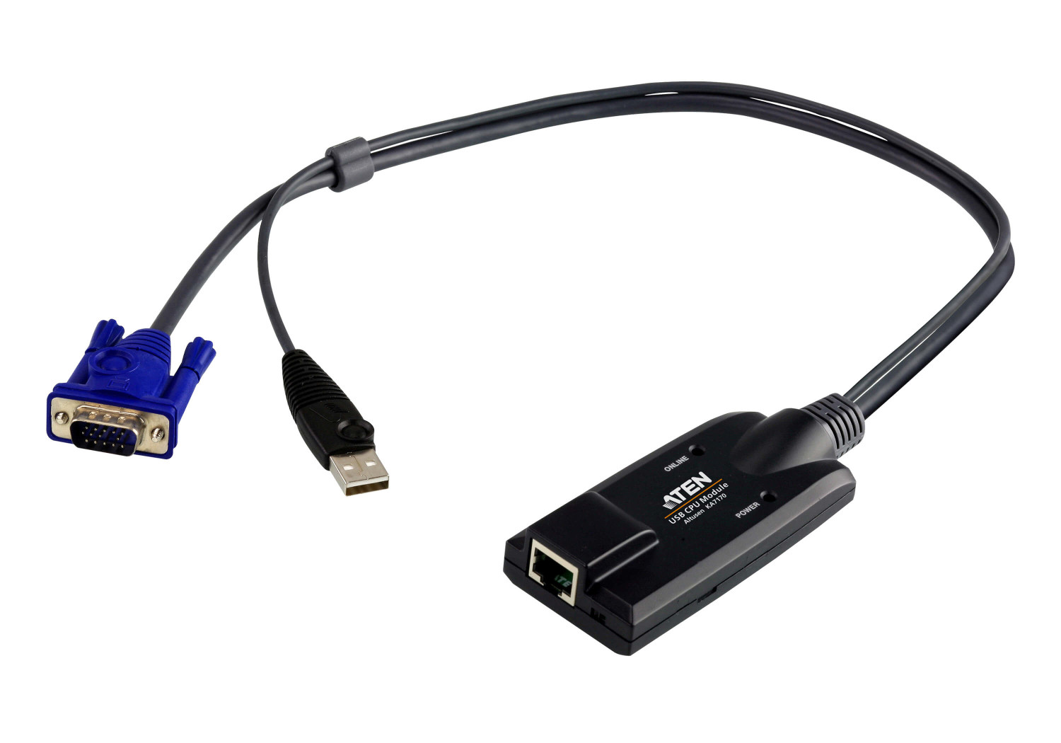 Czarny kabel z wtykami USB, VGA i Ethernet na białym tle.