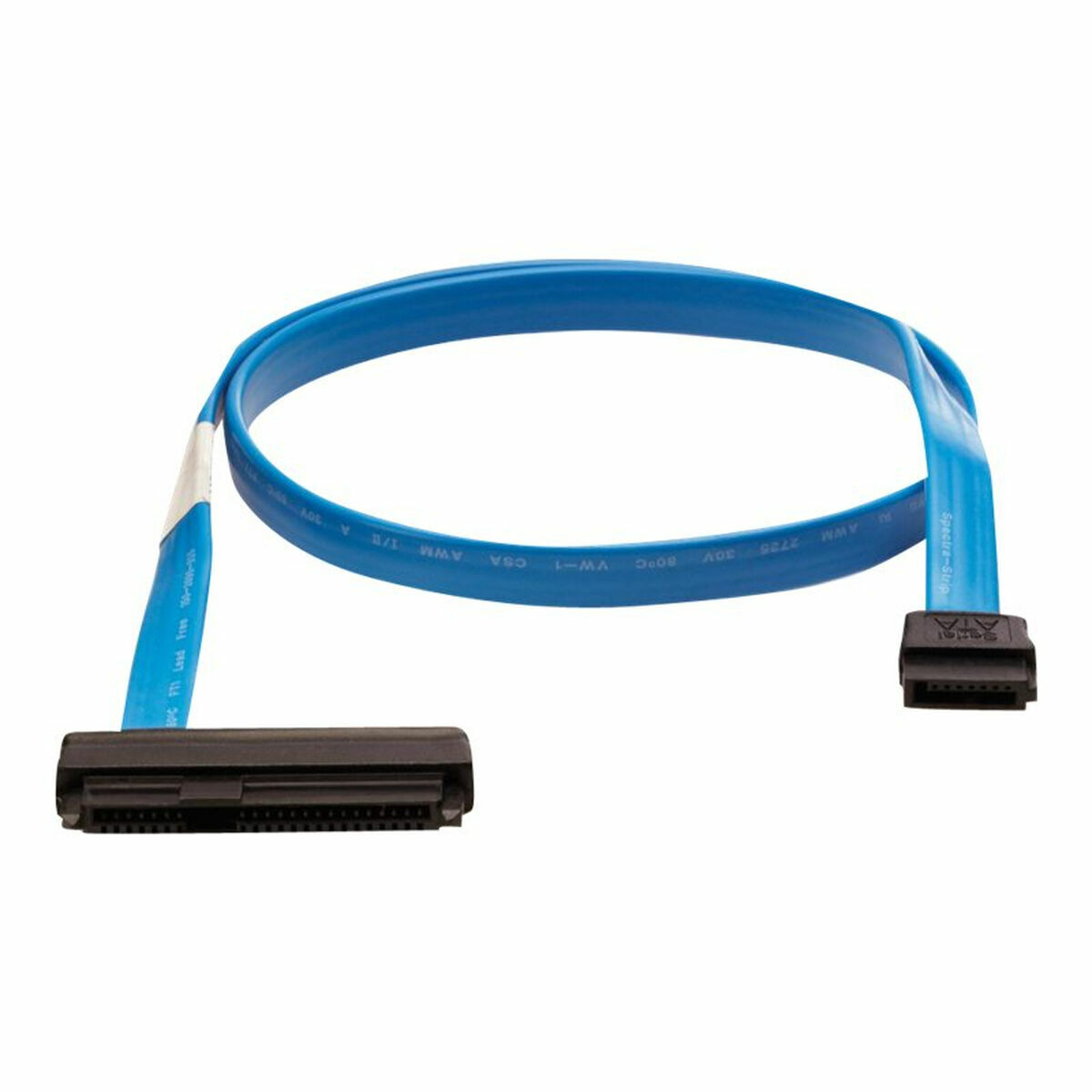 Cavo SATA blu con connettori neri, sfondo bianco.