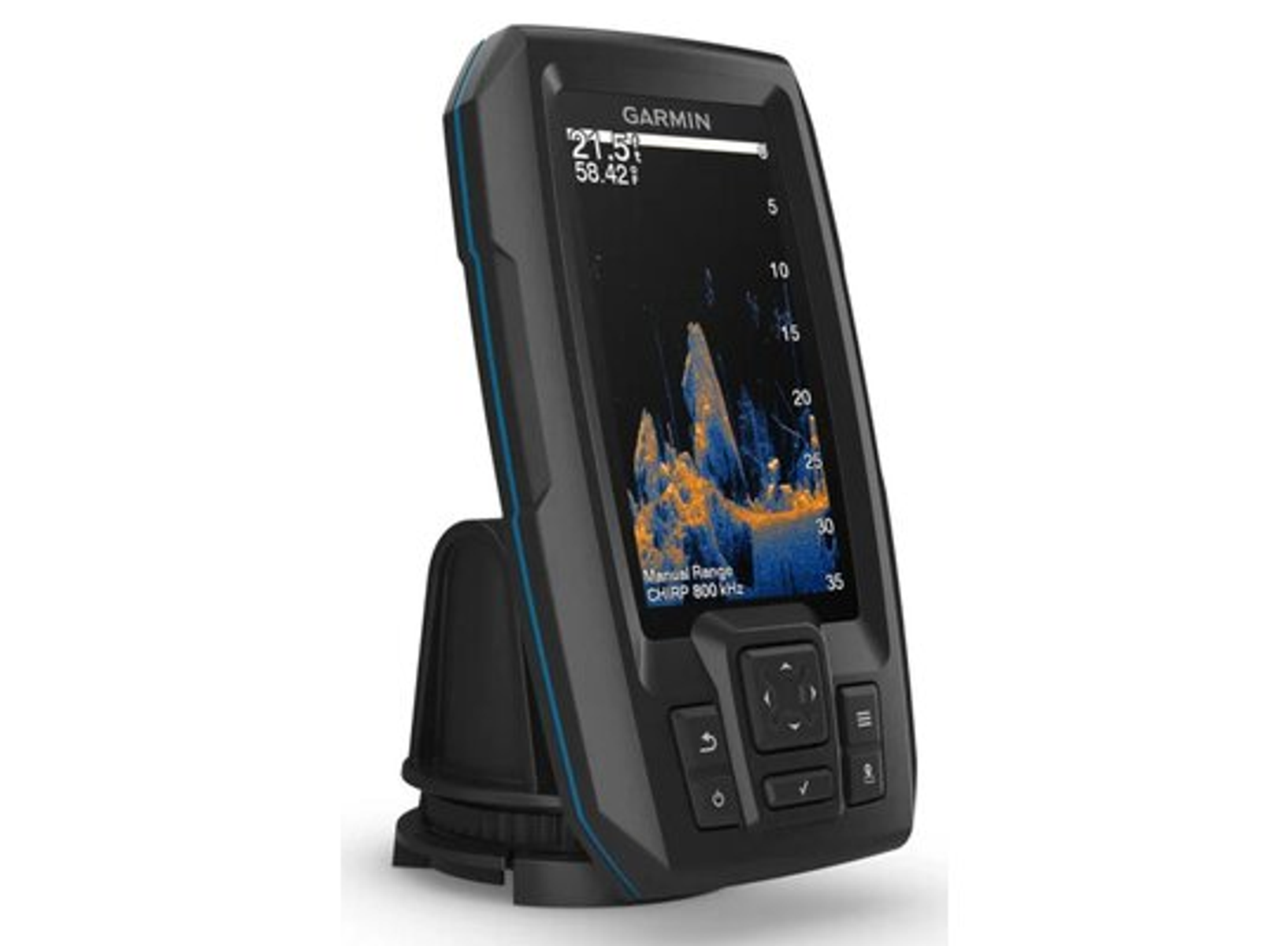 Garmin Fischfinder mit Sonar-Anzeige von Wassertiefe und Fischschwärmen.