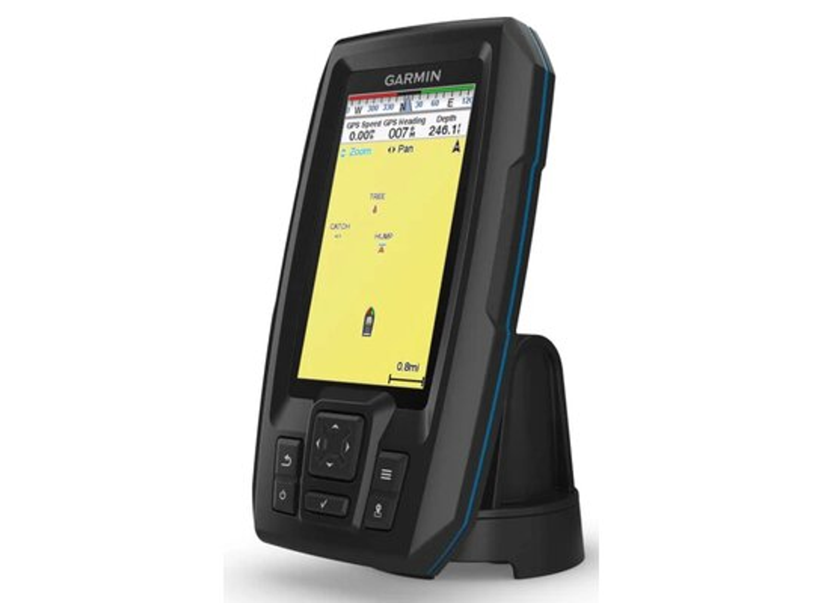Garmin Fischfinder mit Bildschirm, der Karte, Boot, Tiefe und GPS-Daten anzeigt. Schwarzes Gerät auf Ständer.