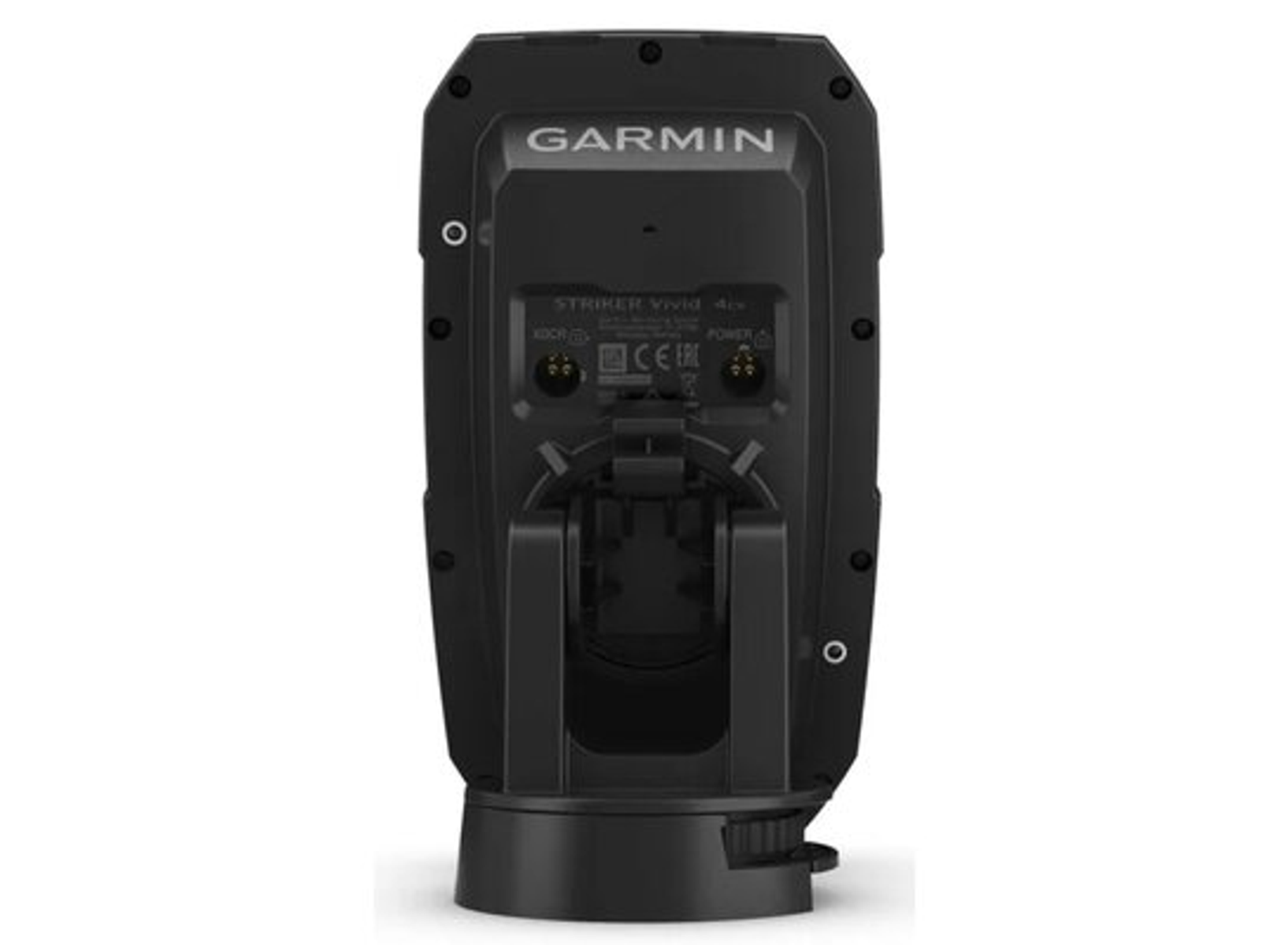 Rückseite eines schwarzen Garmin Fischfinders mit Anschlüssen und Logo.